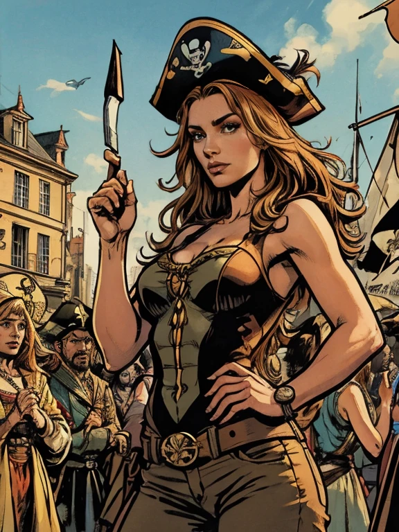 painting of a woman in a pirate hat with a crowd of people, giantess art, milo manara - h 1 2 0 0, milo manara style, by Bernd Fasching, milo manara, by Hans Sandreuter, jean-sebastien rossbach, by Karl Gerstner, by Hans Erni, by Hans Hinterreiter