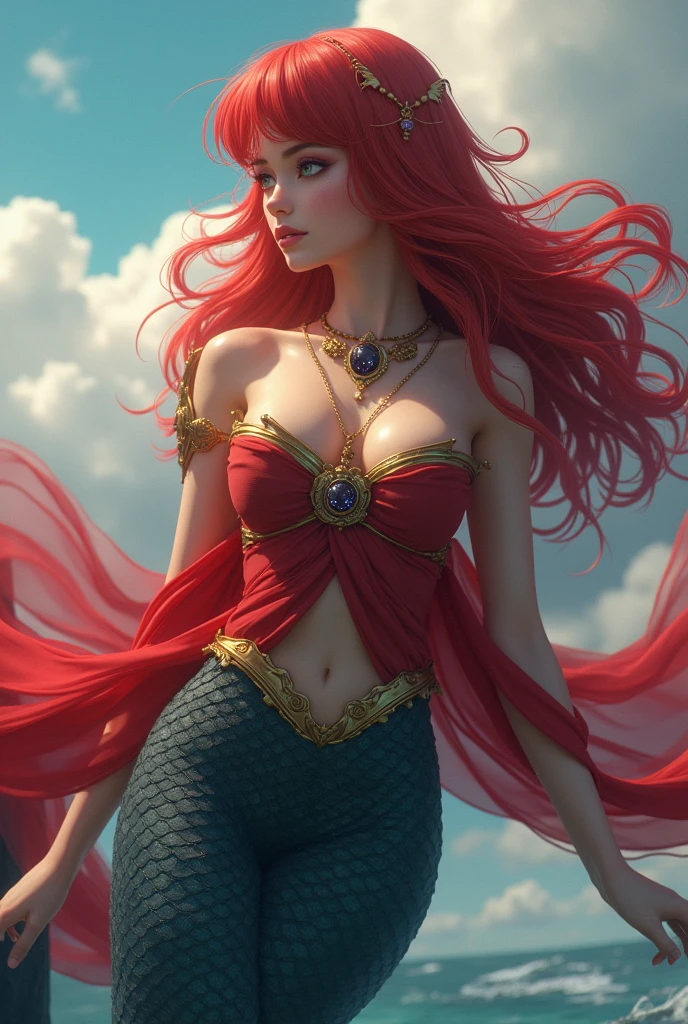 A redheaded mermaid with voluptuous breasts, a completely tattooed left arm, light pink scales with a thin pastel blue border, long flowing hair, beautiful detailed eyes, beautiful detailed lips, extremely detailed face, longeyelashes, photorealistic, 8k, masterpiece, vibrant colors, dramatic lighting, fantasy art, cinematic
