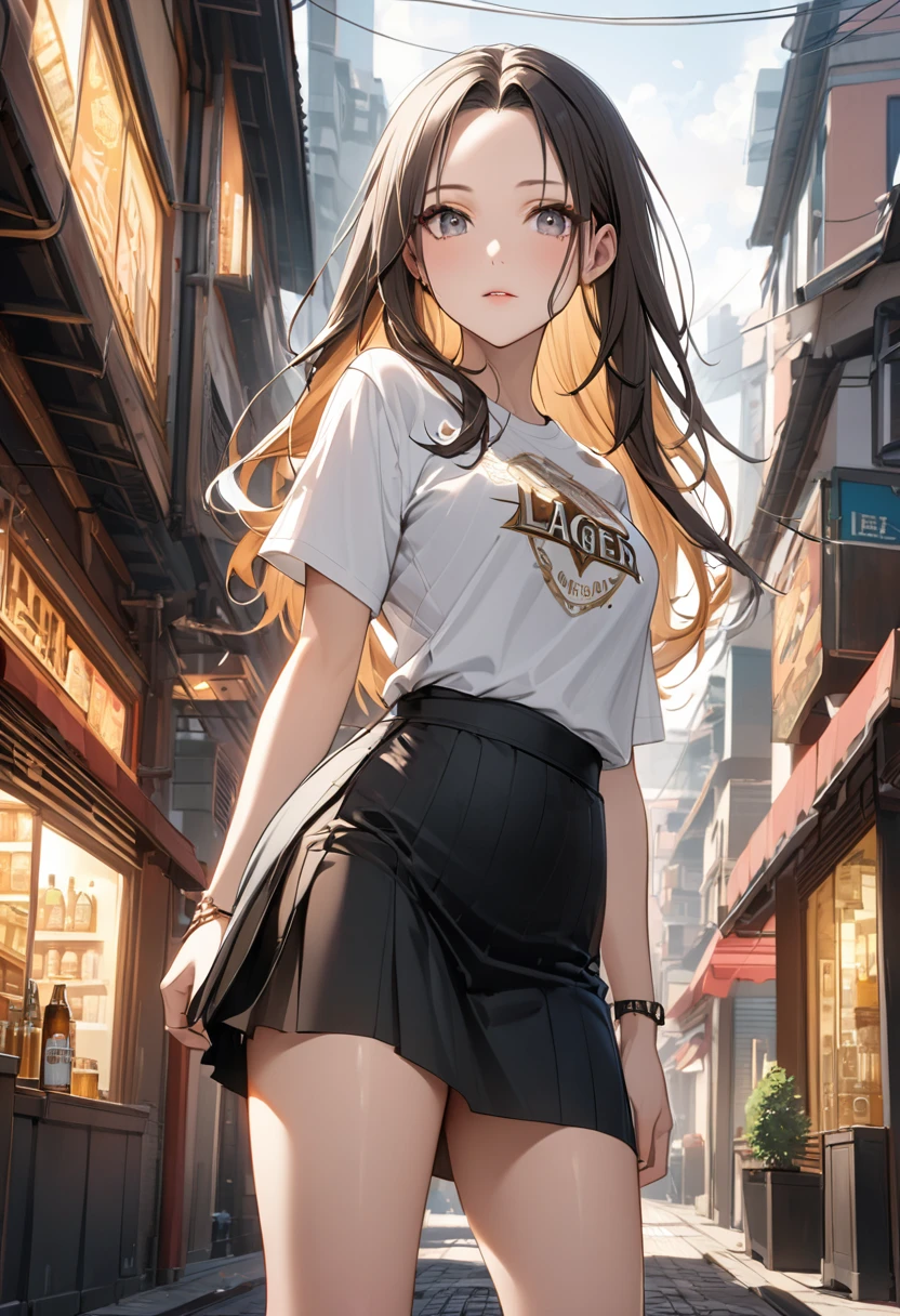 ((Top Quality)), ((Masterpiece)), (Detail), perfect face, fine eyes, depth of field, special shading, ((cowboy shot)), one beautiful girl, seductive Lips, big breasts, (Caramel brown, long straight hair, hime cut), hair slicked back, (casual streetwear, luxurious ornaments:1.3), anime Style, fine skin, model posing

