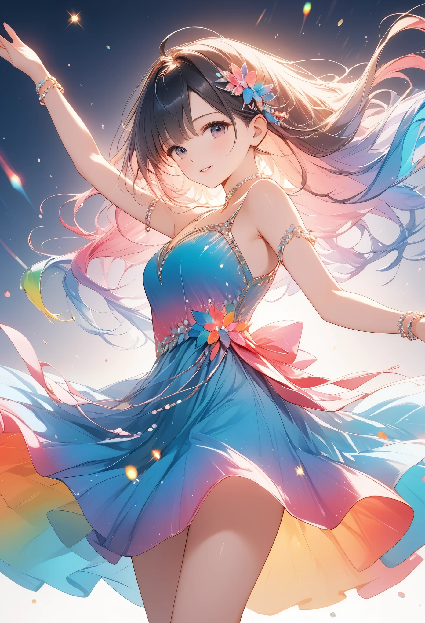 Dough, Thick Paint,(Amazingly absurd)),(masterpiece:1.2),超High resolution, Attention to detail, high quality, High resolution, 最high quality, 4K, 8k、Beautiful work,led,((Colorful gradient background))、Dancer doing a dance、A beautiful gradient dress、Sparkling effects