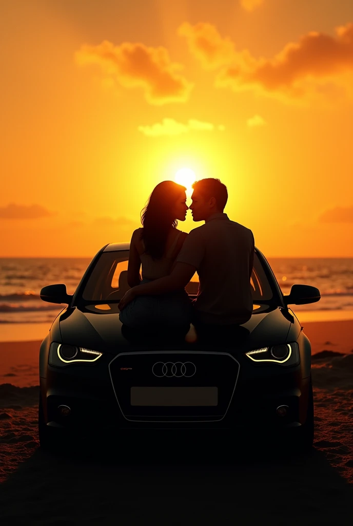 A BLACK MERCEDES BENZ E-CLASS MODEL w211 with amg pack a young beautiful couple on the lid kissing on a beatiful city view