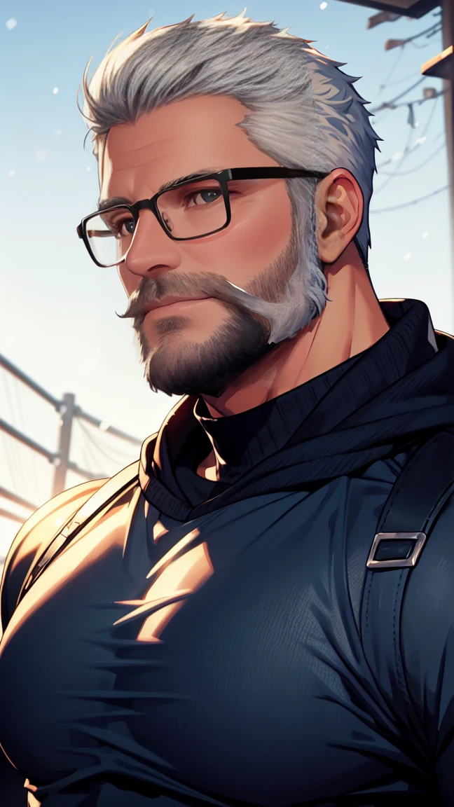 sfw, 1man, middle aged, 61 y.o, handsome, white graying edges, crew cut hairstyle, white beard, white mustache, friendly smile, wearing glasses, shining blue eyes, prominent muscular bodyshape, BODYBUILDER BODYSHAPED, black sweater, snow-themed winter mantle, dark blue training jeans, snowy tokyo (background), evening (sky color), closer distance face against me, realistic style, ultra-realistic, hyperrealistic, hyperdetail, looking viewers, hd, high quality, 8k resolution