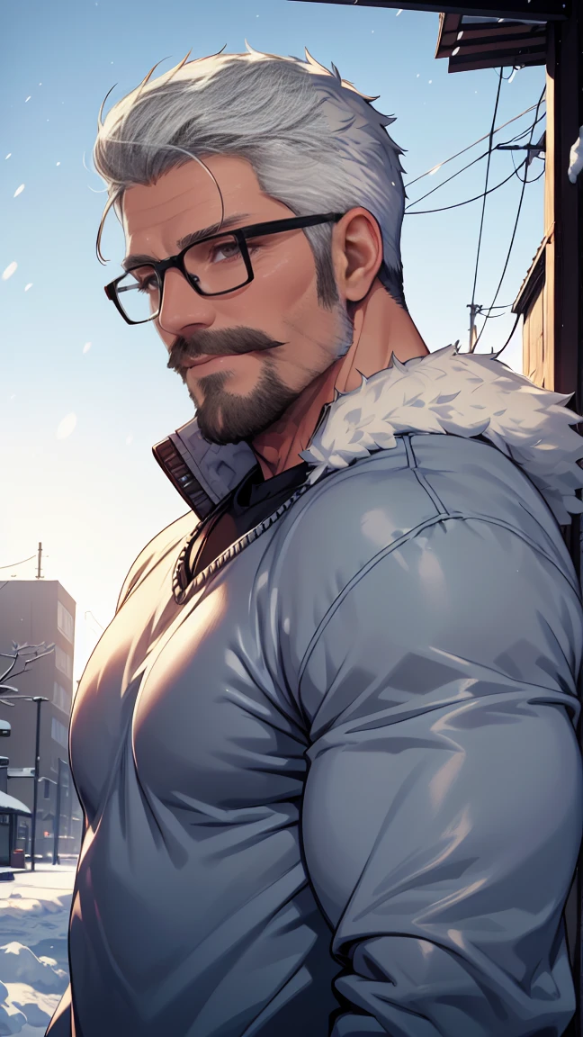 sfw, 1man, middle aged, 61 y.o, handsome, white graying edges, crew cut hairstyle, white beard, white mustache, friendly smile, wearing glasses, shining blue eyes, prominent muscular bodyshape, BODYBUILDER BODYSHAPED, black sweater, snow-themed winter mantle, dark blue training jeans, snowy tokyo (background), evening (sky color), closer distance face against me, realistic style, ultra-realistic, hyperrealistic, hyperdetail, looking viewers, hd, high quality, 8k resolution