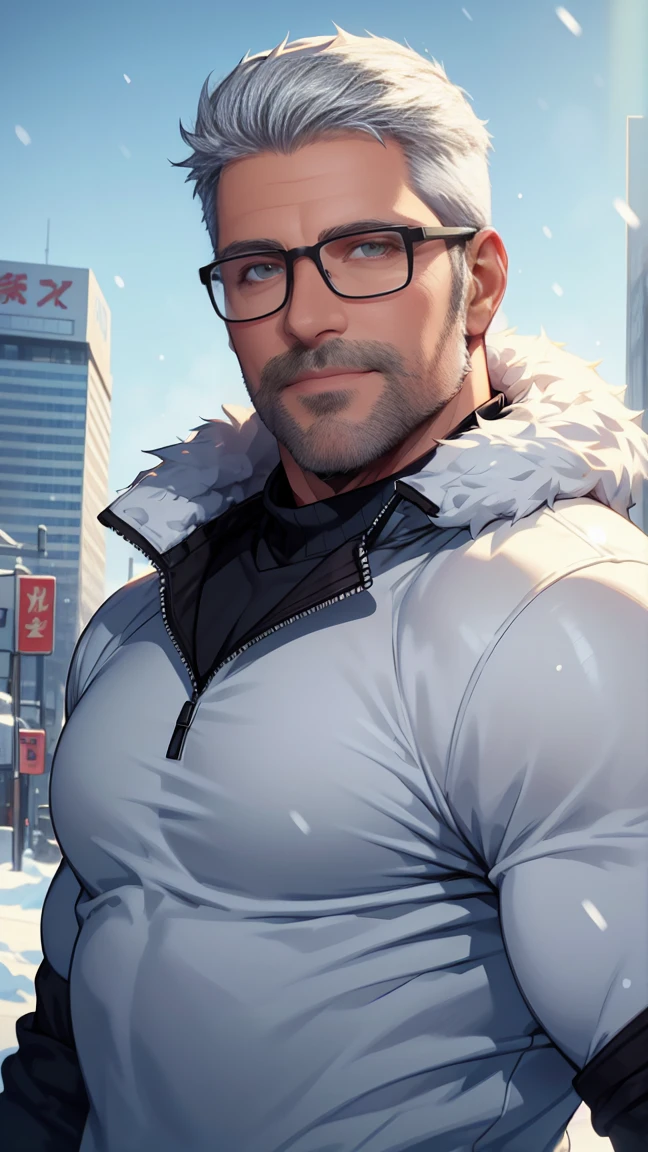 sfw, 1man, middle aged, 61 y.o, handsome, white graying edges, crew cut hairstyle, white beard, white mustache, friendly smile, wearing glasses, shining blue eyes, prominent muscular bodyshape, BODYBUILDER BODYSHAPED, black sweater, snow-themed winter mantle, dark blue training jeans, snowy tokyo (background), evening (sky color), closer distance face against me, realistic style, ultra-realistic, hyperrealistic, hyperdetail, looking viewers, hd, high quality, 8k resolution