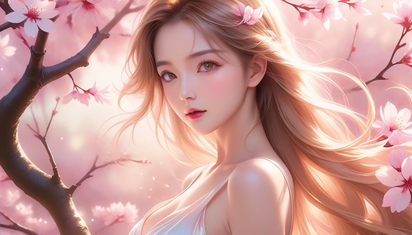 A Masterpiece In 32K Resolution, Supreme Quality, Super Detail, Official Art, Very High-Resolution 32K Wallpaper, Exquisite And Aesthetic, Ultra-Detailed Features, Awe-Inspiring Detail. A Mystical Garden With (Blooming Sakura Trees) And (Gentle Petals Carried By The Breeze), Illuminating Her Luminous, Pearl-Like Skin (Highlight Her Ample Breasts). A Sexy Girl With A Thoughtful And Quiet Confidence, Golden Brown Hair Flowing Softly Over Her Shoulders, With Deep Amber Eyes That Seem To Hold Ancient Wisdom. Her Expression Is Captivating Yet Introspective, Lit By A (Golden Afternoon Glow). (Delicately Crafted Beauty), Her Aura Fills The Surrounding Scene With A Sense Of Peace, As Petals Drift Around Her. The Vibrant Garden Reflects The Finesse Of Her Every Detail, Creating A Scene Of (Undying Charm) And Artistic Brilliance. This Ultra-Realistic Portrait Embodies A Harmonious Balance Of Strength And Beauty.