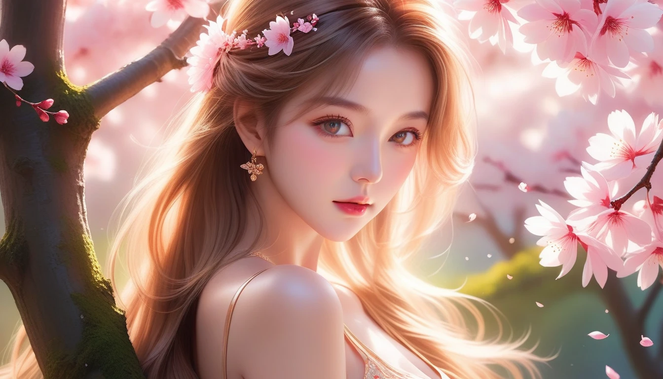 A Masterpiece In 32K Resolution, Supreme Quality, Super Detail, Official Art, Very High-Resolution 32K Wallpaper, Exquisite And Aesthetic, Ultra-Detailed Features, Awe-Inspiring Detail. A Mystical Garden With (Blooming Sakura Trees) And (Gentle Petals Carried By The Breeze), Illuminating Her Luminous, Pearl-Like Skin (Highlight Her Ample Breasts). A Sexy Girl With A Thoughtful And Quiet Confidence, Golden Brown Hair Flowing Softly Over Her Shoulders, With Deep Amber Eyes That Seem To Hold Ancient Wisdom. Her Expression Is Captivating Yet Introspective, Lit By A (Golden Afternoon Glow). (Delicately Crafted Beauty), Her Aura Fills The Surrounding Scene With A Sense Of Peace, As Petals Drift Around Her. The Vibrant Garden Reflects The Finesse Of Her Every Detail, Creating A Scene Of (Undying Charm) And Artistic Brilliance. This Ultra-Realistic Portrait Embodies A Harmonious Balance Of Strength And Beauty.