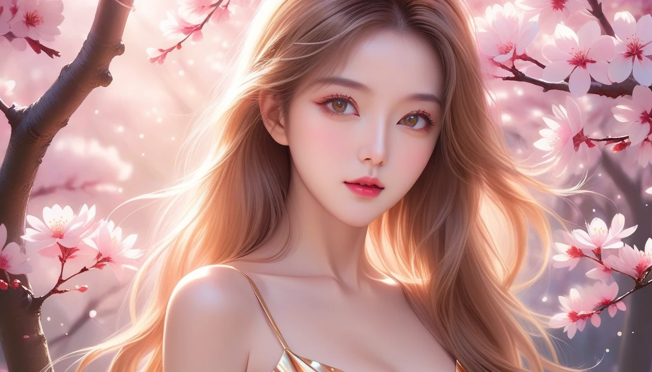 A Masterpiece In 32K Resolution, Supreme Quality, Super Detail, Official Art, Very High-Resolution 32K Wallpaper, Exquisite And Aesthetic, Ultra-Detailed Features, Awe-Inspiring Detail. A Mystical Garden With (Blooming Sakura Trees) And (Gentle Petals Carried By The Breeze), Illuminating Her Luminous, Pearl-Like Skin (Highlight Her Ample Breasts). A Sexy Girl With A Thoughtful And Quiet Confidence, Golden Brown Hair Flowing Softly Over Her Shoulders, With Deep Amber Eyes That Seem To Hold Ancient Wisdom. Her Expression Is Captivating Yet Introspective, Lit By A (Golden Afternoon Glow). (Delicately Crafted Beauty), Her Aura Fills The Surrounding Scene With A Sense Of Peace, As Petals Drift Around Her. The Vibrant Garden Reflects The Finesse Of Her Every Detail, Creating A Scene Of (Undying Charm) And Artistic Brilliance. This Ultra-Realistic Portrait Embodies A Harmonious Balance Of Strength And Beauty.