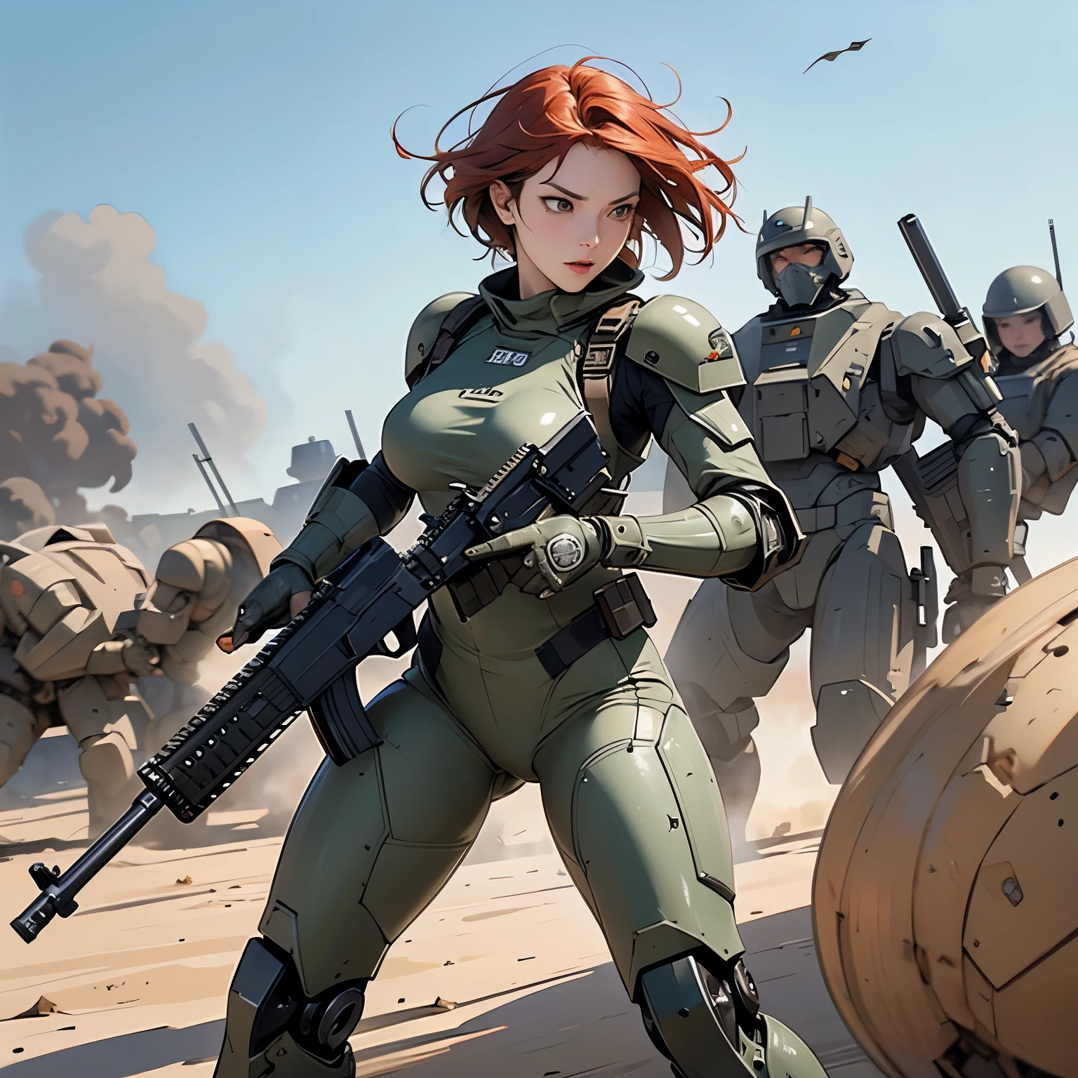 nsfw, anime screencap, 16K, perfect anatomy proportion body, perfect hands, action, A dynamic composition with a sense of speed and movement, (Hold an assault rifle:1.6), a wife, 40age, perfect beautiful delicate sexy face, perfect beautiful delicate slanted red eyes, red hair, swept bangs pixie cut, medium breasts, Camouflage colored heavy armor robotic steam engine full armor powered suit, Many robot soldiers having a gunfight in the background, Flying bullets, Desert Battlefield, war, Post-apocalyptic,