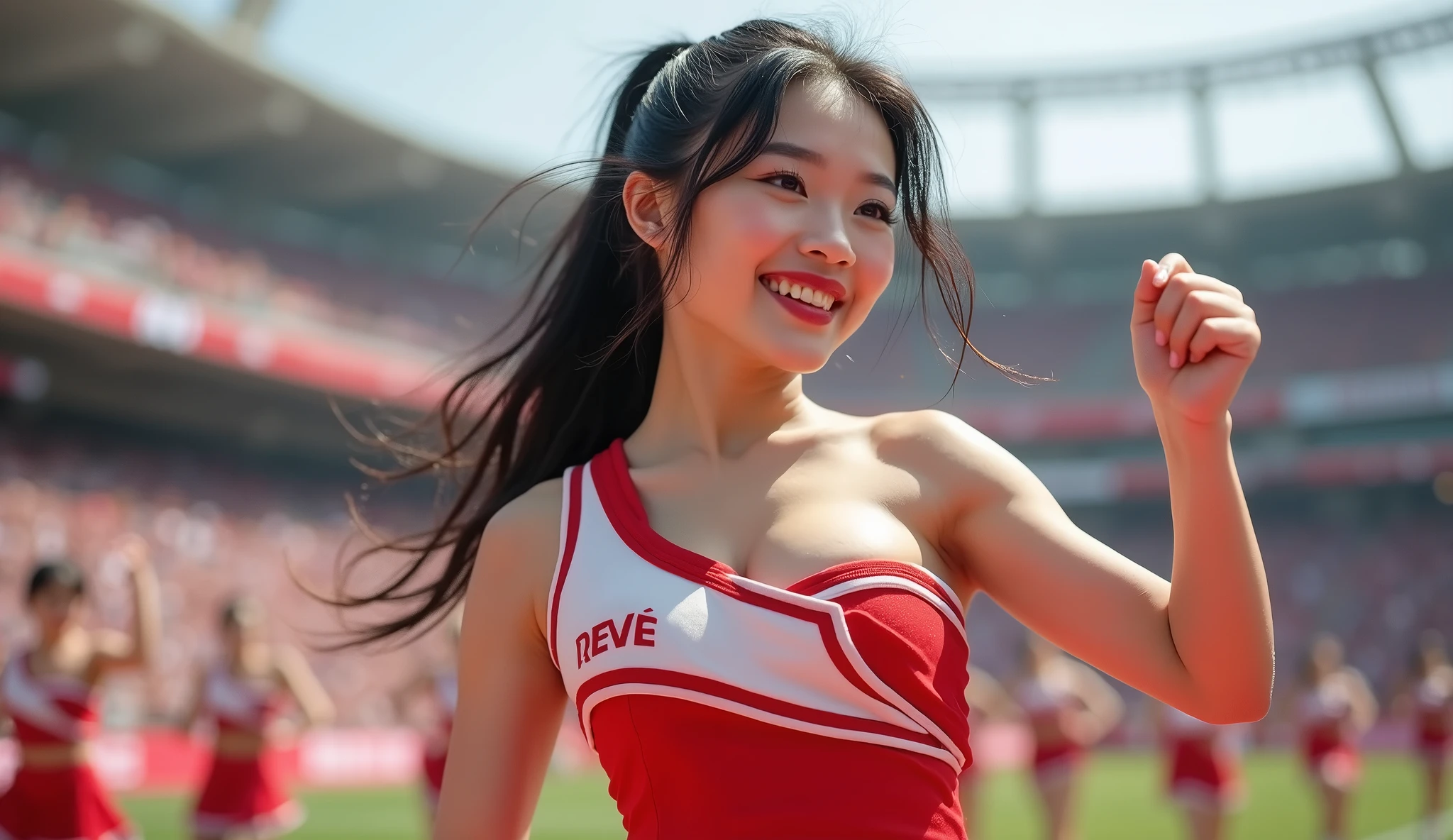highest quality、8k、Ultra-high resolution、Clear photos、Professional Lighting、Smile、She gets excited and shows off her pussy、((pretty girl、So cute!))、8k wallpaper, Very detailed, RAW color photos, Professional photography、Ultra-detailed、masterpiece、Raw photo、Realistic、Photorealistic、Very delicate and beautiful、In detail、Textured skin、(sky seen from below)、1 Female、Japanese、22 years old、(Stadium cheering section)、(Beautiful Face:1.5)、(High Kick)、Spread your legs、Open your legs、Support uniform,Brown Hair、Putting on makeup、(barefoot)、Don't wear anything on your arms、Perfect Proportions、nude,nudity,nudist