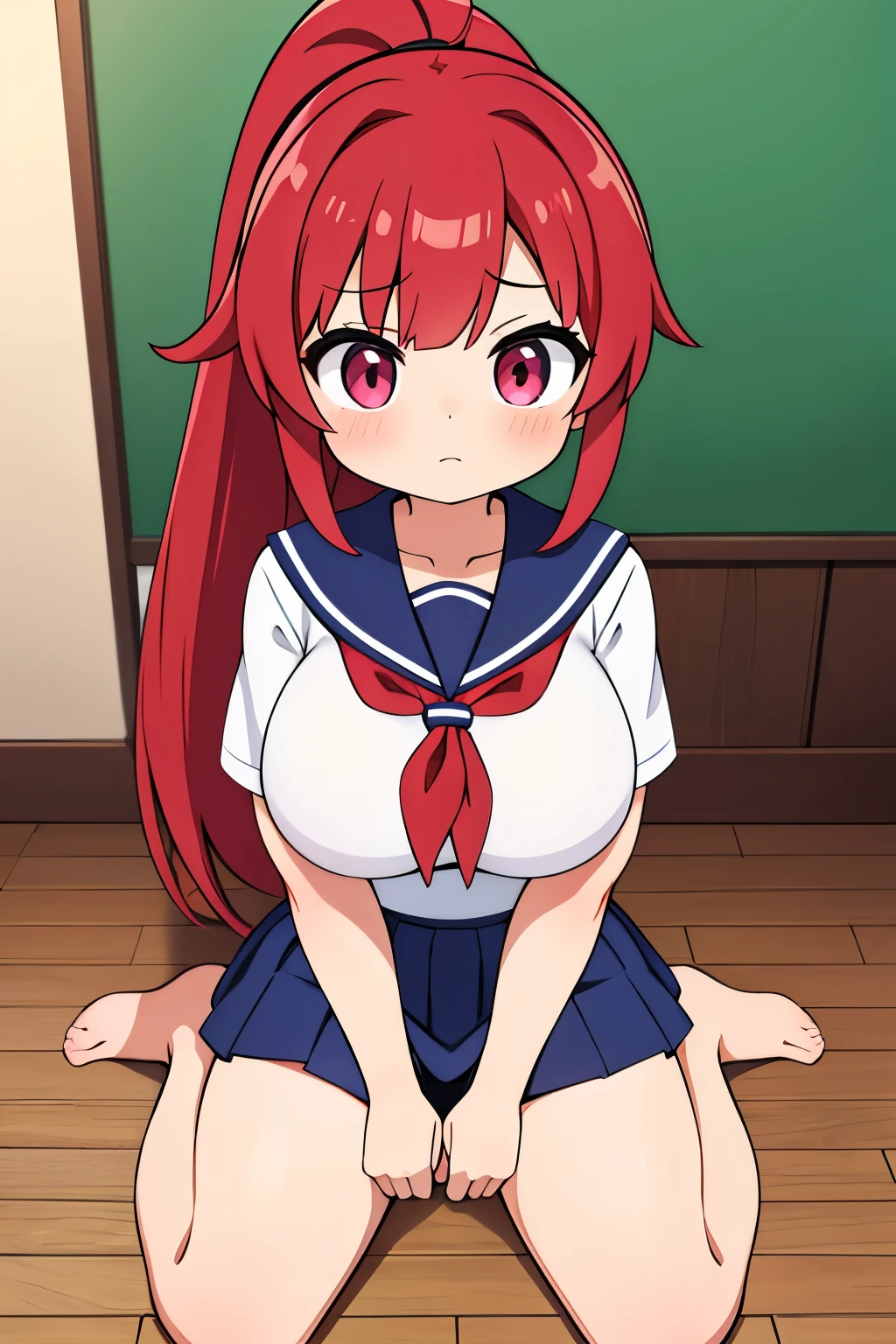 masterpiece, best quality, highres, NSFW, hentai, 1girl, red_hair, blue_eyes, large breasts, huge breasts, black collar, topless, bottomless, black thigh highs, classroom, kneeling on floor, spread legs, spread knees, right hand between legs, horny, excited smile, looking up at viewer, focus solo 