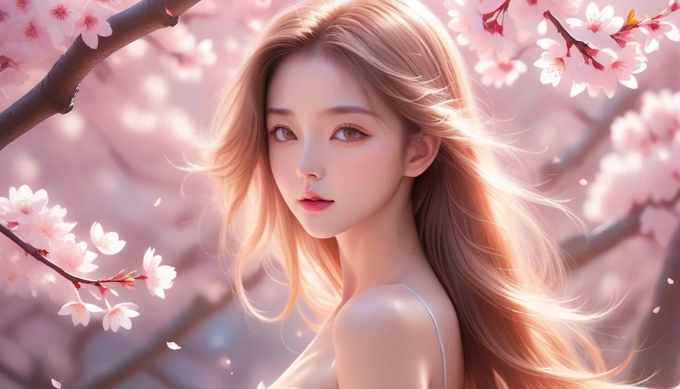 A Masterpiece In 32K Resolution, Supreme Quality, Super Detail, Official Art, Very High-Resolution 32K Wallpaper, Exquisite And Aesthetic, Ultra-Detailed Features, Awe-Inspiring Detail. A Mystical Garden With (Blooming Sakura Trees) And (Gentle Petals Carried By The Breeze), Illuminating Her Luminous, Pearl-Like Skin (Highlight Her Ample Breasts). A Sexy Girl With A Thoughtful And Quiet Confidence, Golden Brown Hair Flowing Softly Over Her Shoulders, With Deep Amber Eyes That Seem To Hold Ancient Wisdom. Her Expression Is Captivating Yet Introspective, Lit By A (Golden Afternoon Glow). (Delicately Crafted Beauty), Her Aura Fills The Surrounding Scene With A Sense Of Peace, As Petals Drift Around Her. The Vibrant Garden Reflects The Finesse Of Her Every Detail, Creating A Scene Of (Undying Charm) And Artistic Brilliance. This Ultra-Realistic Portrait Embodies A Harmonious Balance Of Strength And Beauty.