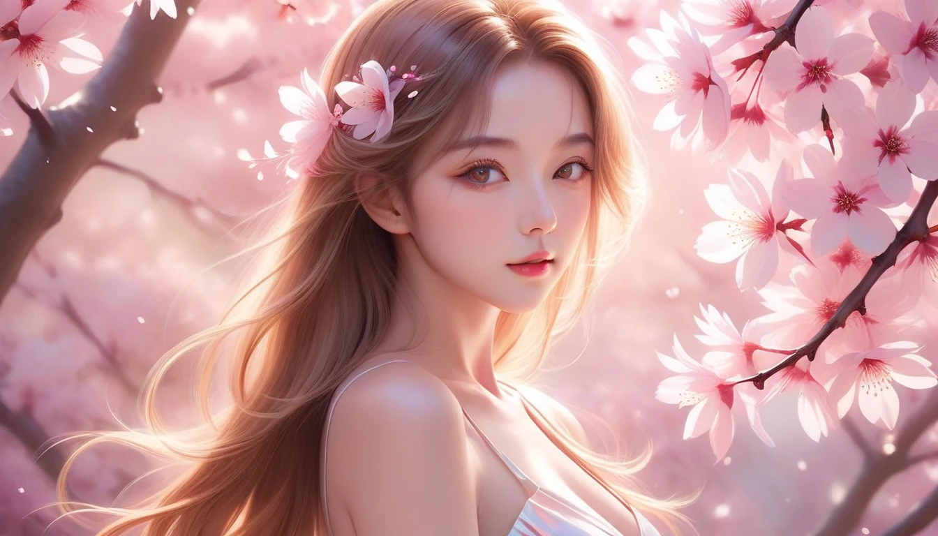 A Masterpiece In 32K Resolution, Supreme Quality, Super Detail, Official Art, Very High-Resolution 32K Wallpaper, Exquisite And Aesthetic, Ultra-Detailed Features, Awe-Inspiring Detail. A Mystical Garden With (Blooming Sakura Trees) And (Gentle Petals Carried By The Breeze), Illuminating Her Luminous, Pearl-Like Skin (Highlight Her Ample Breasts). A Sexy Girl With A Thoughtful And Quiet Confidence, Golden Brown Hair Flowing Softly Over Her Shoulders, With Deep Amber Eyes That Seem To Hold Ancient Wisdom. Her Expression Is Captivating Yet Introspective, Lit By A (Golden Afternoon Glow). (Delicately Crafted Beauty), Her Aura Fills The Surrounding Scene With A Sense Of Peace, As Petals Drift Around Her. The Vibrant Garden Reflects The Finesse Of Her Every Detail, Creating A Scene Of (Undying Charm) And Artistic Brilliance. This Ultra-Realistic Portrait Embodies A Harmonious Balance Of Strength And Beauty.