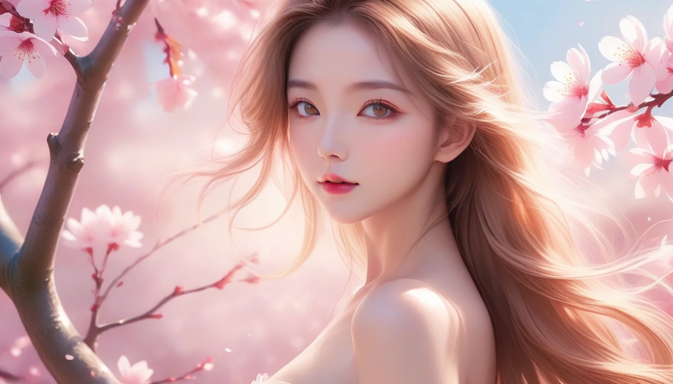 A Masterpiece In 32K Resolution, Supreme Quality, Super Detail, Official Art, Very High-Resolution 32K Wallpaper, Exquisite And Aesthetic, Ultra-Detailed Features, Awe-Inspiring Detail. A Mystical Garden With (Blooming Sakura Trees) And (Gentle Petals Carried By The Breeze), Illuminating Her Luminous, Pearl-Like Skin (Highlight Her Ample Breasts). A Sexy Girl With A Thoughtful And Quiet Confidence, Golden Brown Hair Flowing Softly Over Her Shoulders, With Deep Amber Eyes That Seem To Hold Ancient Wisdom. Her Expression Is Captivating Yet Introspective, Lit By A (Golden Afternoon Glow). (Delicately Crafted Beauty), Her Aura Fills The Surrounding Scene With A Sense Of Peace, As Petals Drift Around Her. The Vibrant Garden Reflects The Finesse Of Her Every Detail, Creating A Scene Of (Undying Charm) And Artistic Brilliance. This Ultra-Realistic Portrait Embodies A Harmonious Balance Of Strength And Beauty.