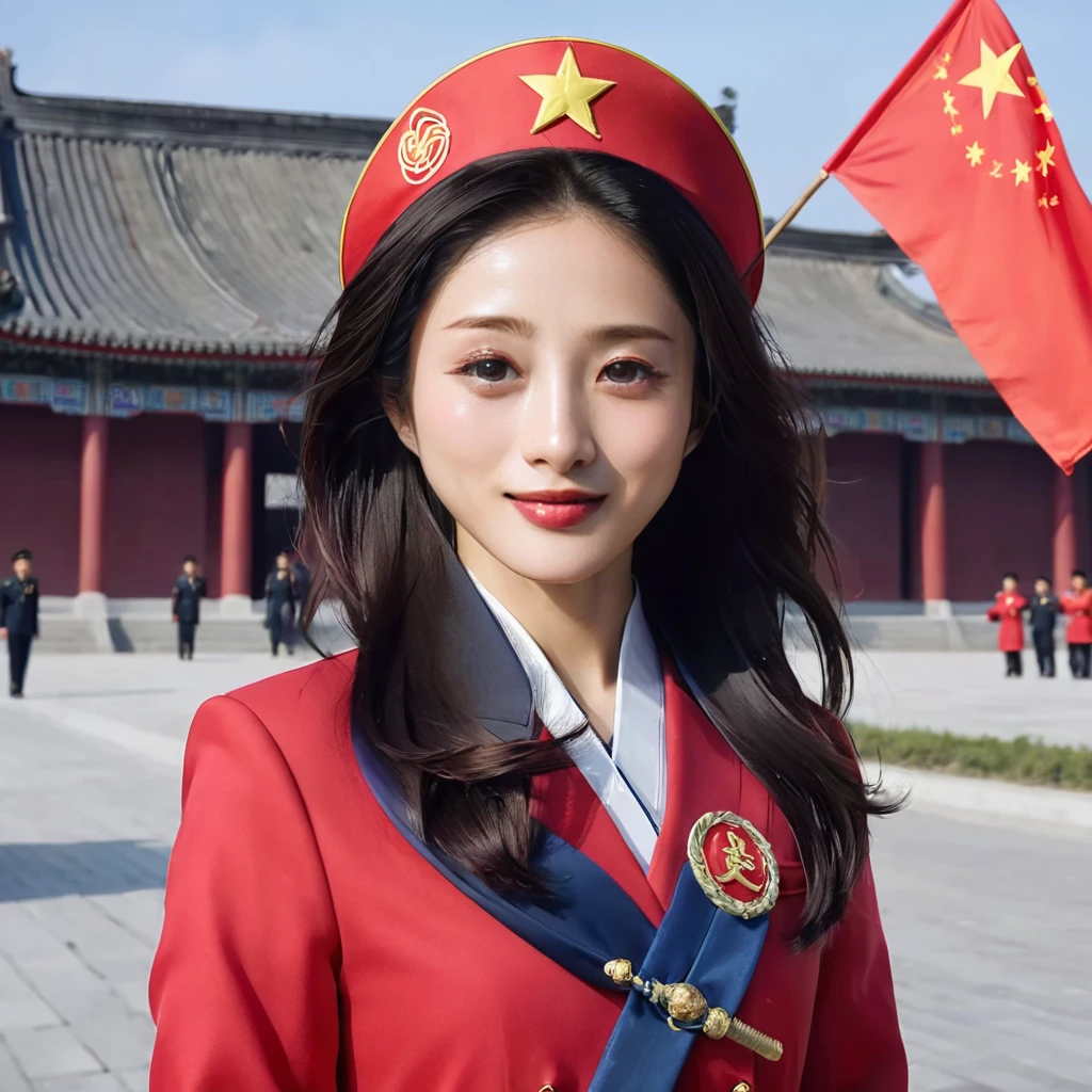 ((Highest quality)), ((masterpiece)), (detailed), （Perfect Face）、The woman is Satomi Ishihara, with black hair and wearing a red Communist uniform, who has become a member of the Chinese Communist Party, a woman for China, and pledges loyalty to the country.、Women will become great patriots who love China and are proud to serve it.、The women, together with the patriots, are singing the praises of great China with perfect harmony and showing their loyalty to their beloved President.、She has become a wonderful Chinese woman, willing to follow any order from the Communist Party.、The woman is smiling gently