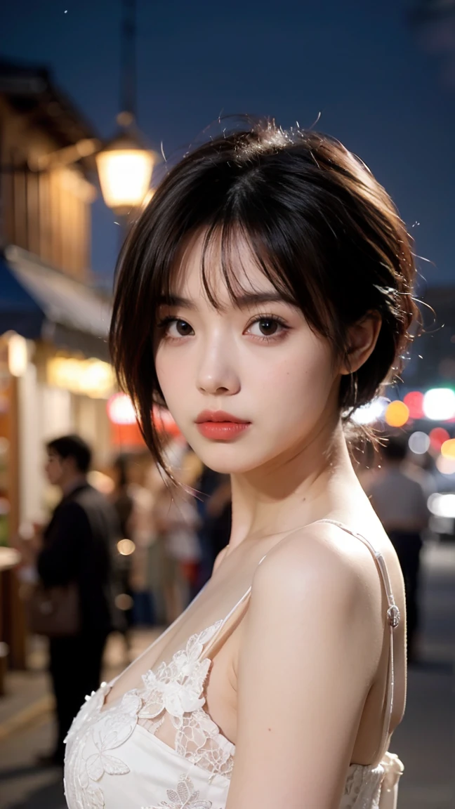 (half body shot,street lamps,officer),masterpiece, 1 girl, solo exhibition, beautiful woman on the bustling street, surrounded by street vendors, beautiful portrait of goddess girl, beautiful and detailed face, Porcelain skin, (((bust shot, center, evening, black fur, short hair)), super soft lighting, symmetry, complexity, elegance, High detail, Realism, until, Conceptual arts,