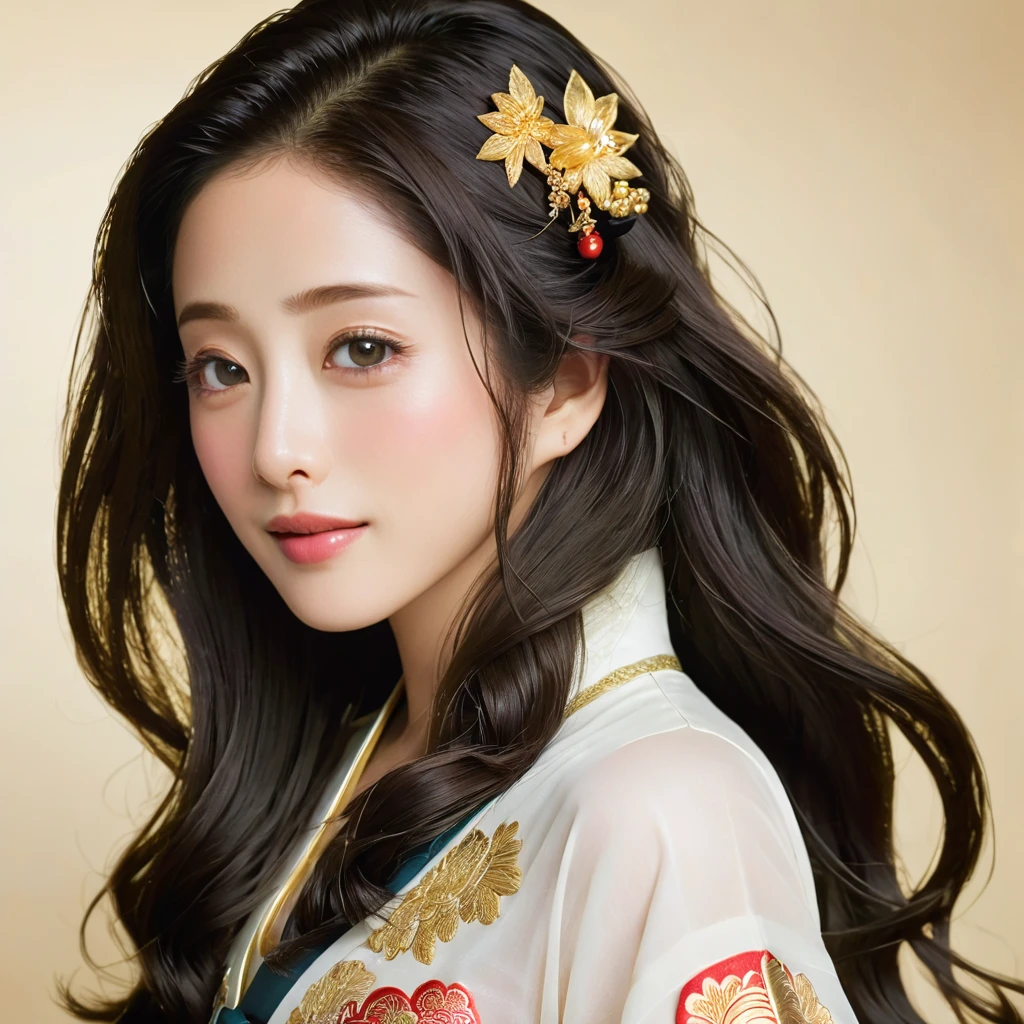 ((Highest quality)), ((masterpiece)), (detailed), （Perfect Face）、The woman is Satomi Ishihara, with black hair, large breasts, beautiful proportions and a gentle smile.、The woman is wearing a black long-slit cheongsam with gorgeous gold embroidery and trim, and is adorned with luxurious accessories.、Her hair is styled in a Chinese style.、The woman is smiling gently