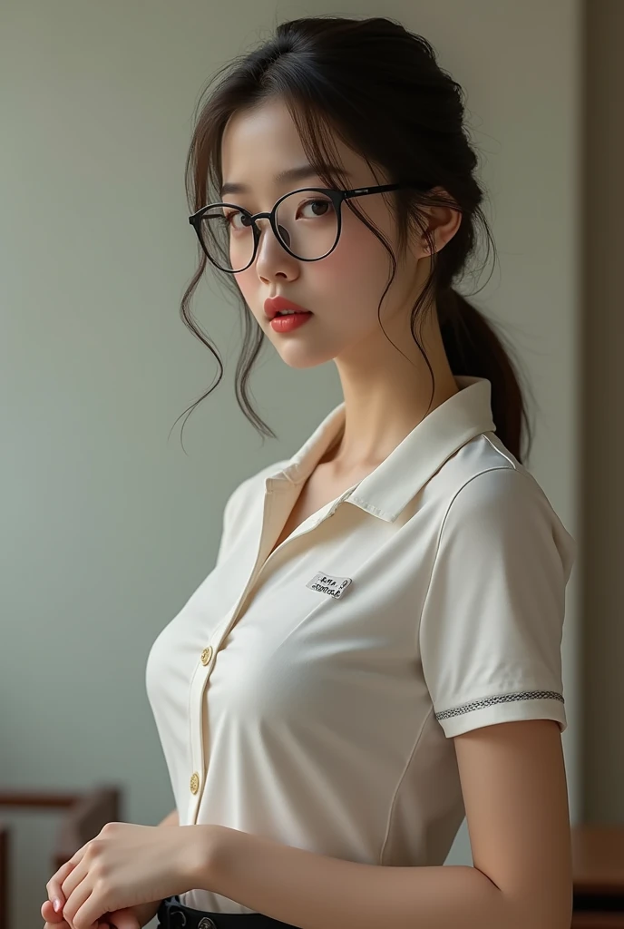 8K, Highest quality, masterpiece, Ultra-high resolution, (Realistic:1.4), whole body、RAW Photos, ((Long brown straight hair, See-through bangs))), Beautiful Details 1 Girl, (Realistic:1.4), High-resolution RAW color photos, Professional photos, Highly detailed eyes and face, Natural light, Facial details, White skin, Shiny skin, Tight waist, Small Ass, Thin legs,Natural Breasts, Nice body, bar counter、((Tied white shirt、Wearing glasses))、Young round face、Trying to fix underwear、Kissing Face、Shooting from the side