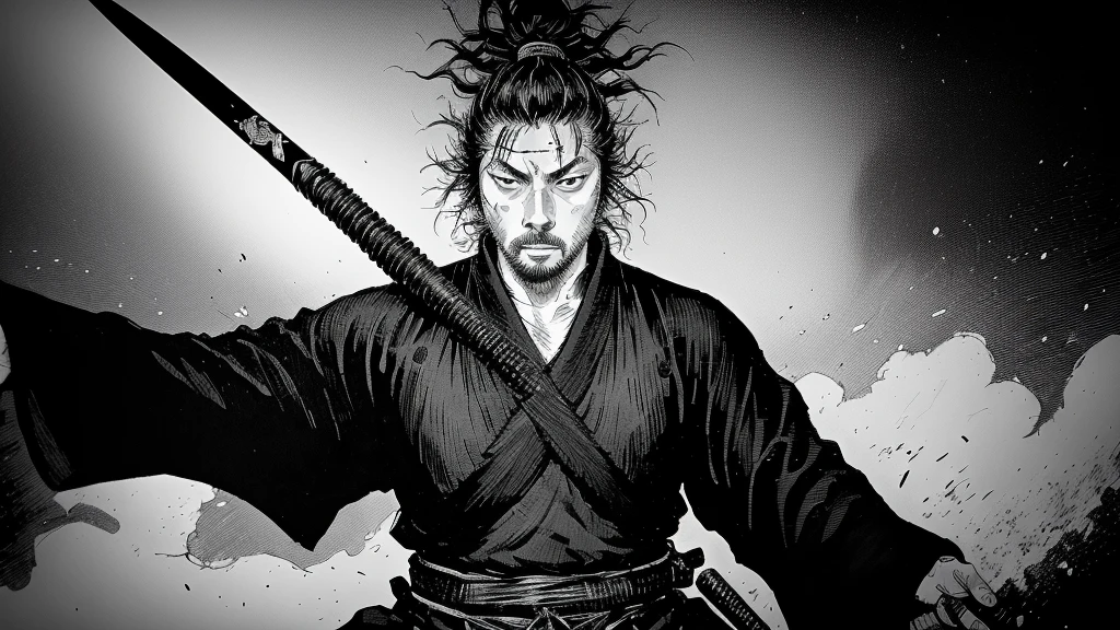 a black and white photo of a man holding a sword, miyamoto musashi, inspired by Kanō Sanraku, Tsutomu Nihei Art, Tsutomu Nihei style, Samurai man vagabond, by Tetsugoro Yorozu, Samurai, inspired by Kanō Hōgai, inspired by Kikuchi Yōsai