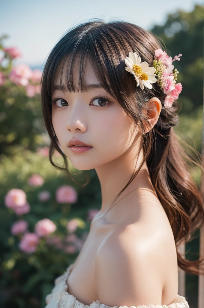 Gentle and charming Chinese beautiful woman, half-length photo, delicate and sexy collarbone, charming oval face, double eyelids, vivid peach blossom eyes, pink lips, small nose, bare shoulders, focused face, face close-up, ultra-high-definition, Ultra-detailed and classy for standing, this cream stretch-tulle top is crafted from lightweight stretch-tulle and has a slim fit that's subtly sheer. With the red trim, the cutout details are ready to stand out, adding a touch of sexy charm, matching with skirts