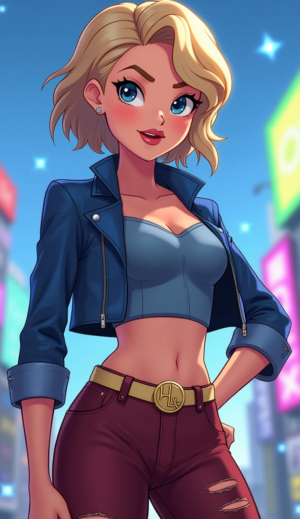 Blonde girl with short hair, blue eyes, wearing a green cropped top, wearing pink denim shorts, zipper open, Cleavage, defined and shiny breasts,, Side view, making a gun sign with fingers and smiling 