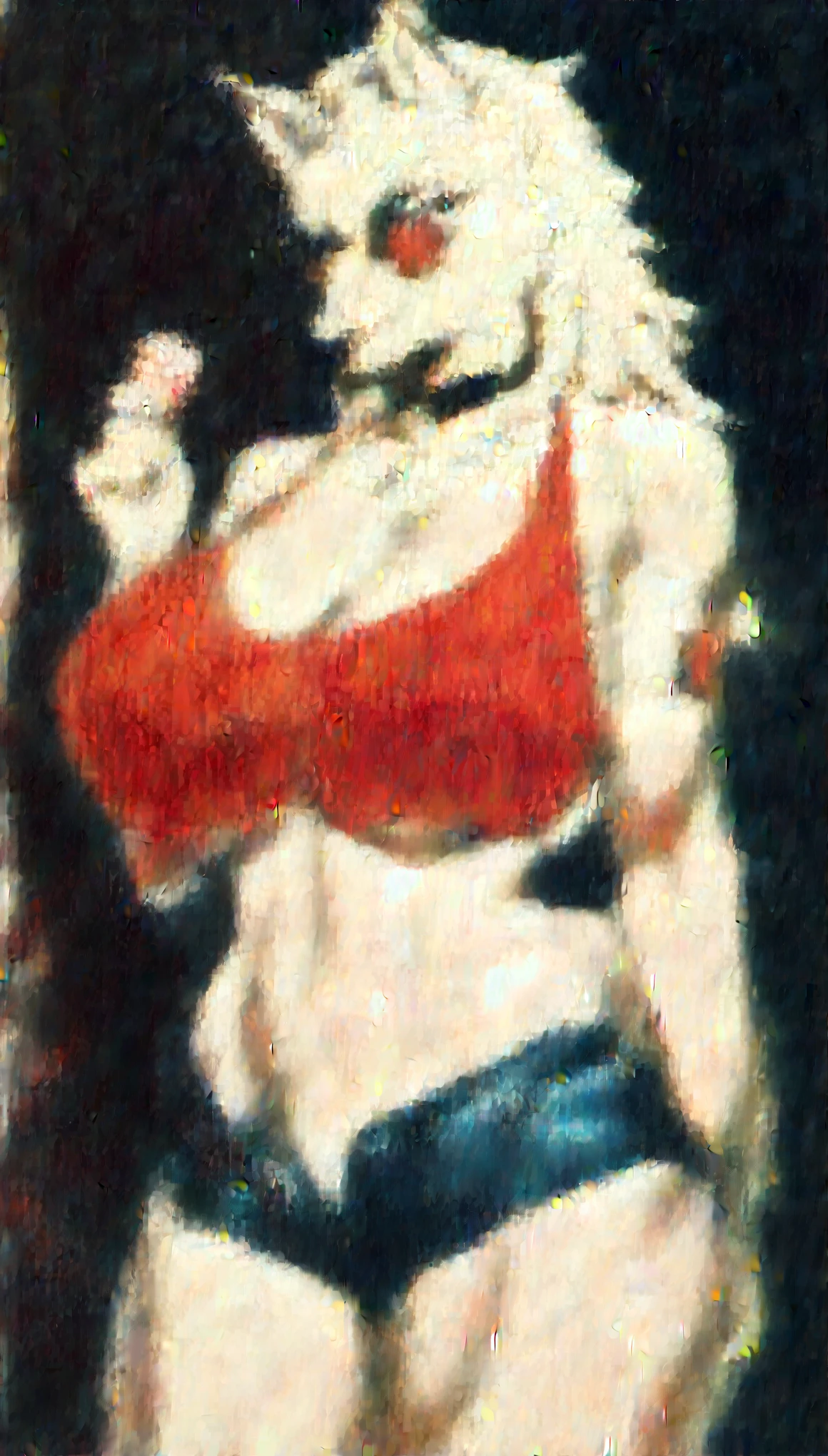 low angle, front_view, greatm8 style, anime screencap, sweating, (highres, best quality), zPDXL, m1tsuk1xl, 1girl, solo, red eyes, blonde hair, facing viewer, looking down, closed mouth, contemplative expression, standing, thong pull, mature female, tanlines, skindentation, micro bikini, wedgie, thong, large breasts, nipple slip, under-boob, curvy, pussy_stubble, pubic_stubble, female pubic hair, white background, megami magazine, pinup, beach, sunny,