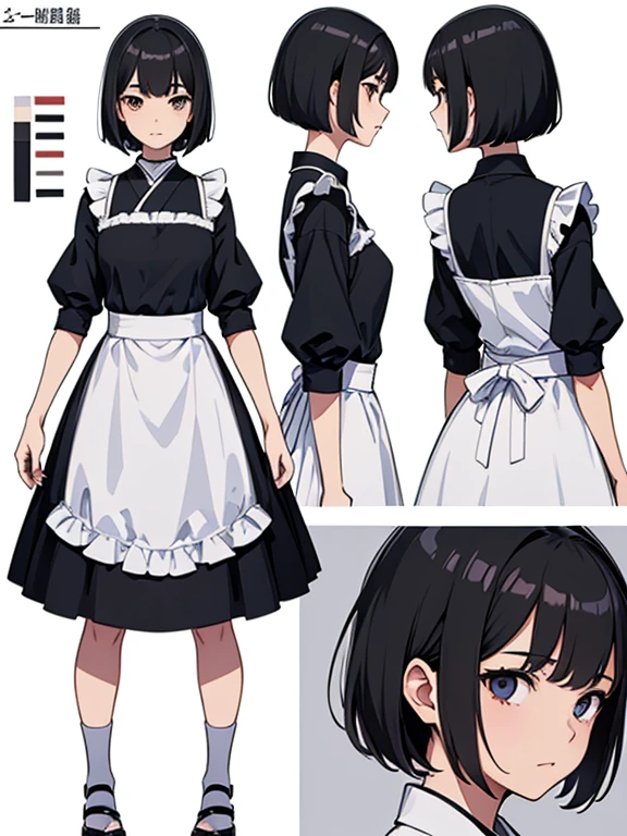 ((Highest quality)), ((masterpiece)), (detailed), ((three view drawing)), ((front and back and side)), ((character sheet)) One girl,Asian, ((three views)),Maid clothes,Short Bob,Three white eyes,Simple Background,front,beside,behind,Black Hair,Japanese,Simple hairstyle,Bob Hair,Foxy face,((Character setting diagram)),Asian,Tree Eyes,Duck mouth,whole body,Small breasts,シンプルなMaid clothes,Bad look in the eyes,Concept Art,Asian顔,character design references, character turnaround sheet
