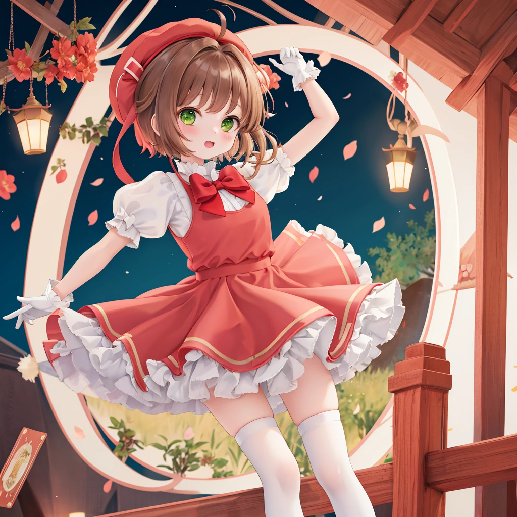 masterpiece, Highest quality, High resolution, kinomoto sakura, One girl, Brown Hair, short hair, Antenna Hair, Red Hat, Green Eyes, Frills, Red dress, Short puffy sleeves, White gloves, Red Bow, White knee socks, wing, Standing, I have a card