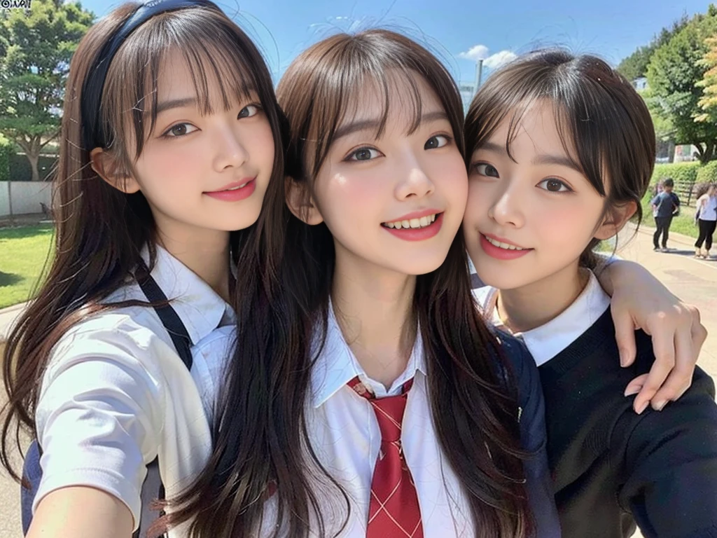 (A super cute Korean schoolgirl takes a commemorative photo while walking with her beautiful best friend:1.2)(Laughing:1.2)(Beautiful Sweat:1.1)(16K, RAW Photos, Highest quality, masterpiece: 1.2),(Her shiny, beautiful black hair in a bun sways softly in the wind.:1.1) Super detailed, Super Resolution, (Genuine, Genuine photos: 1.37), Portraiture, High-resolution RAW color photos, Professional photos, Very detailed, 8k wallpaper, Very detailed CG Unity 8k wallpaper, Very detailed beautiful girls, Very detailed faces, ((whole body)), beautiful woman, Huge breasts,(huge boobs:1.1) (Big Boobs:1.1), beautiful schoolgirl (See-through school uniform,School-designated summer short-sleeved shirt＆Red tie and shirt uniform),high school girl, Korean Girls,(K-POP Female Idols), (Idol-level beauty)(Beautiful high school girl:1.1)(Clear Sky Waterfall)(()(Date:1.2)(Group photo)Headband(NSFW:1.1)(combination)from side,