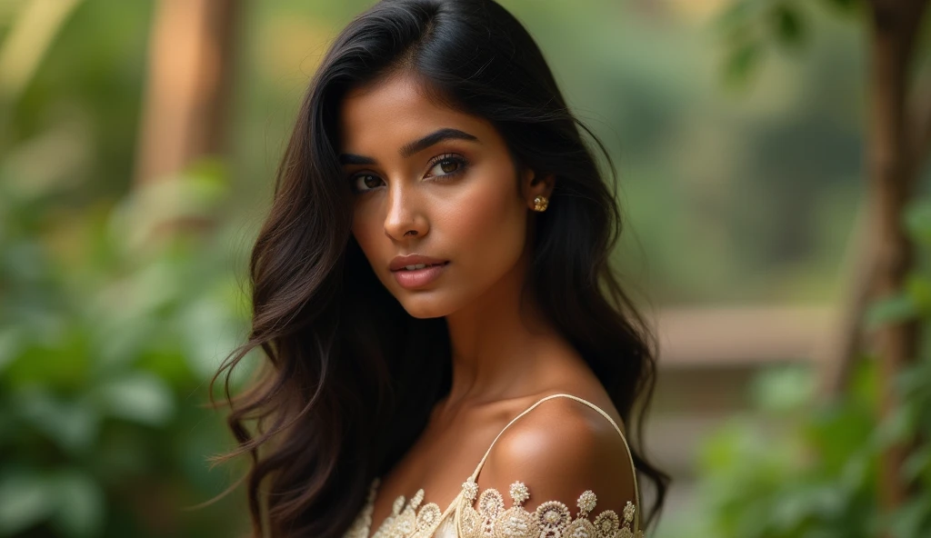 Create an ultra-realistic image of a modern, attractive female influencer of Indian descent, aged between 27 to 30. She should have a warm and inviting smile, expressive almond-shaped eyes with a slight shimmer, and clear, glowing skin with a medium brown complexion. Her features should be well-defined, with high cheekbones and a sharp jawline. Her hair should be long, thick, and wavy, with a natural shine and bounce, styled in loose waves. She should have a slender yet athletic build, reflecting a healthy and active lifestyle.
She is wearing a graceful mauve strapless knee-length lace one-piece suit. The soft lace fabric and gentle mauve color create a dreamy, romantic look. Her bust size is medium (44-46 inches), offering a balanced and proportionate figure that enhances her overall appearance. Her hair color is a deep, reddish-purple hue that’s bold yet sophisticated.
She accessorizes with subtle yet chic jewelry, such as small hoop earrings and a few thin bangles. Her outfit is completed with stylish black heeled sandals that add elegance to her look.
The background should be an enchanted forest setting with fairy lights and whimsical decor, creating a magical and ethereal atmosphere. Her overall appearance should exude confidence, approachability, and sophistication, capturing the essence of a contemporary Indian fashion influencer.
