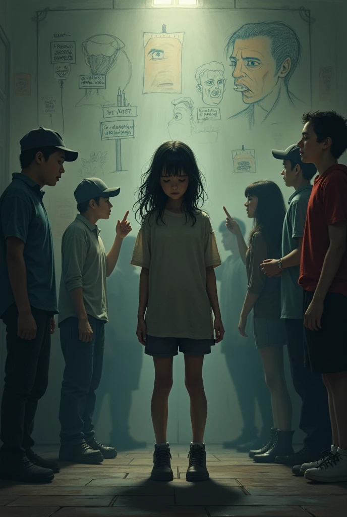 Generate an image based on the following storyline
There was a group of girls in Qin Mei’s class, led by the notoriously mean-spirited Chen Li, who had taken a disliking to her. They would whisper behind her back, leave cruel notes in her desk, and sometimes even trip her in the hallways when no one was watching
Wang Rui was friends with these girls—Qin Mei had seen him laughing and joking with them on several occasions—but he didn’t seem to know about their bullying.