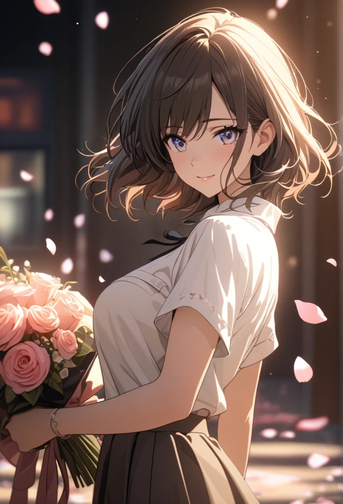 masterpiece, best quality, ultra detailed, detailed eyes, sparkling eyes, (((nsfw, huge breasts, cleavage))), The image depicts an anime-style illustration of a young woman holding a bouquet of pink roses. She is standing in a softly lit environment, possibly near a window, with warm sunlight streaming in and casting gentle shadows. The atmosphere is serene and romantic, enhanced by the floating pink petals around her, suggesting either a windy day or a symbolic representation of the beauty of the moment.

The young woman has shoulder-length dark hair that frames her face, with soft waves adding to her delicate appearance. Her blue eyes are large and expressive, reflecting a sense of calm and contentment. Her cheeks are lightly flushed, giving her an overall look of warmth and tenderness.

She is dressed in a white blouse with lace-trimmed sleeves, which complements the pastel tones of the scene. The blouse adds a touch of elegance and simplicity to her appearance. The bouquet she is holding is wrapped in a soft, light-colored paper tied with a ribbon, adding to the image's overall romantic and gentle mood.

The background, slightly blurred, features what seems to be a window or doorway with the view of a garden or an outside area, where sunlight filters through, highlighting the falling petals. The entire scene is bathed in warm, natural light, giving it a peaceful and almost dreamlike quality.