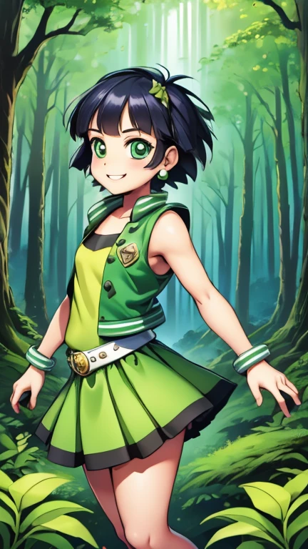 (1girl, solo, highly insanely detailed, masterpiece, top quality, best quality, highres, 4k, 8k, RAW photo),((innocent look)),((Childish)),From the front, symmetrical composition,smile,cute,Innocent,Kind eyes,Flat chest,digimon \(creature\),forest, ppgzbtc, standing, green eyes, short hair, earrings, yellow vest, green skirt, 