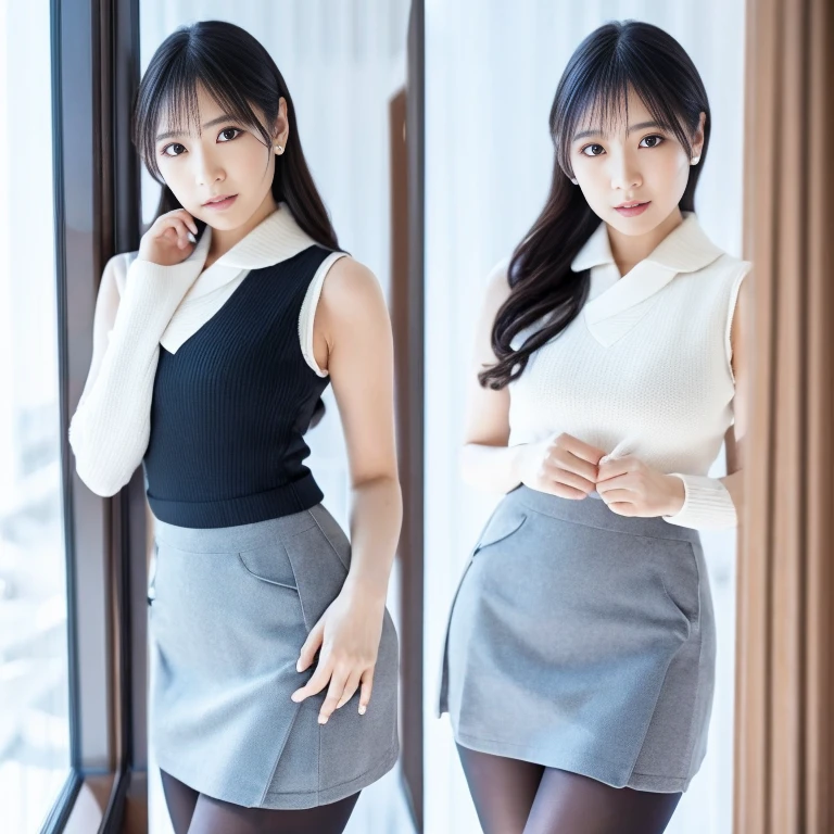 masterpiece, High resolution, Perfect Face, The beauty of Japan, 30 years old, Beautiful Face, office, Sleeveless sweater, mini pencil skirt, tights, embarrButted look, Looking at the camera, Top quality eyes, Detailed Texture, Looking at the camera, Medium , Married women, Cool woman, High resolutionの目, return, Butt、(screw up_Yokono:1.3)
