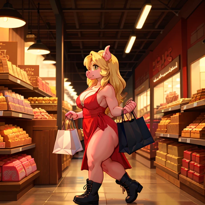 (great lighting), (masterpiece), (best quality), (superior details), anthropomorphic, (pig), female, beautiful, attractive, long blonde hair, green eyes, big eyes, big breasts, thick thighs, red dress, cleavage, shoulders, black boots, walking, shopping, shopping bags in hand, (side view)