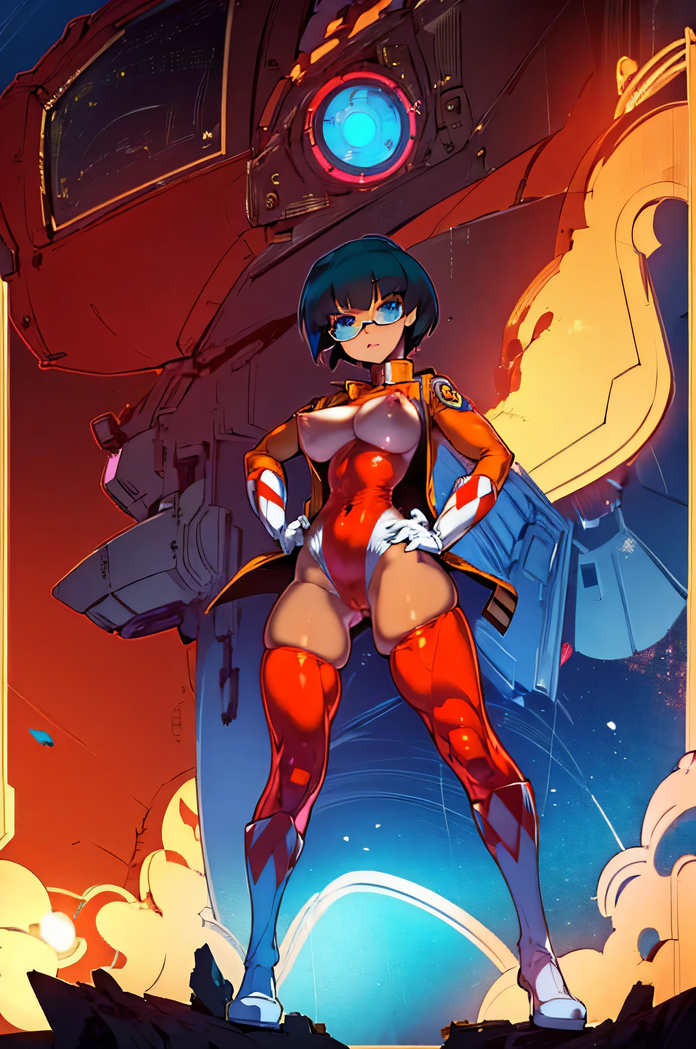 1girl, solo, black hair, short hair, looking at viewer, blue eyes, large breasts, standing, jacket, full body, open clothes, glasses, covered nipples, leotard, open jacket, bodysuit, skin tight, legwear, hands on hips, impossible clothes, brown jacket,redranger