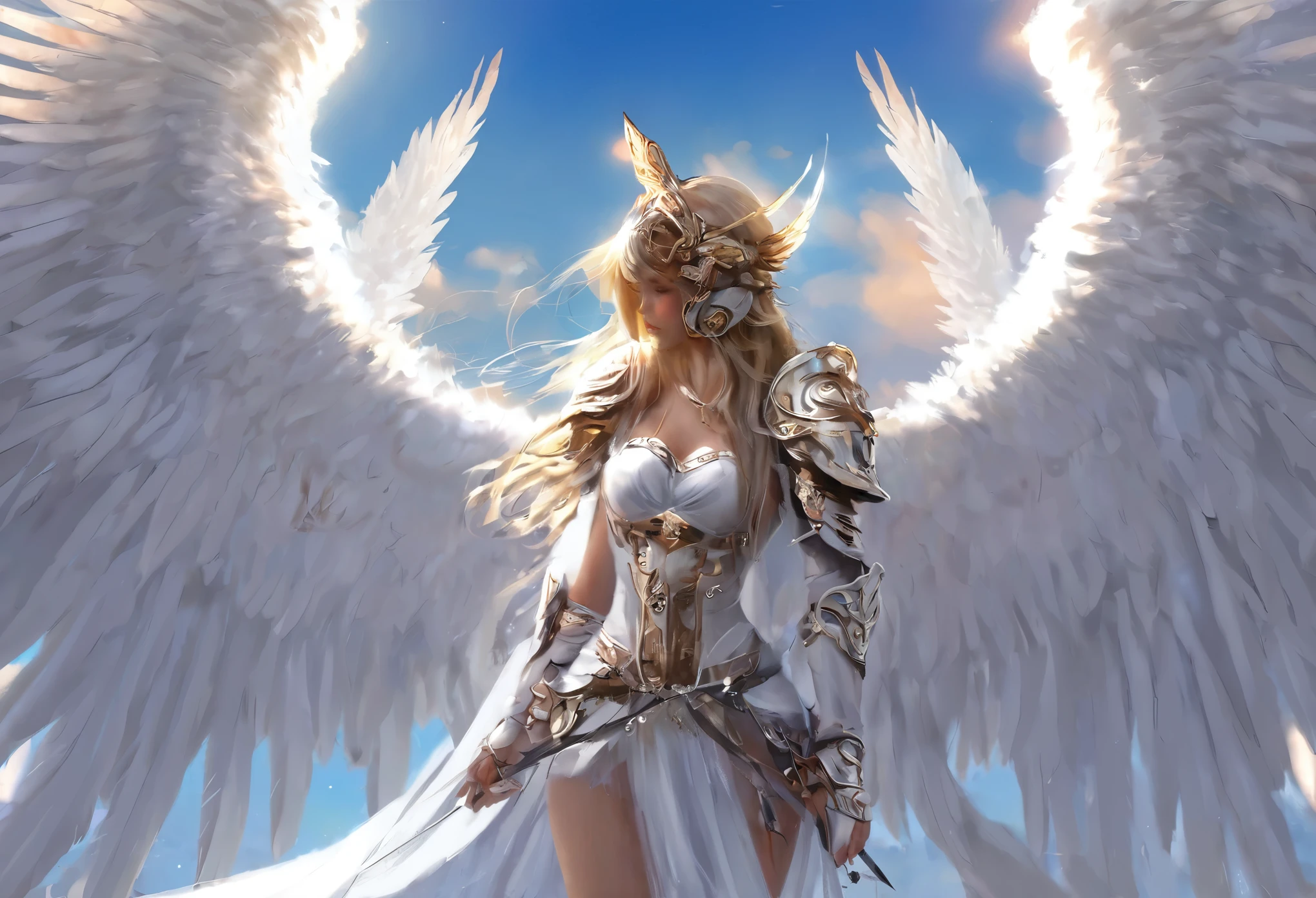 1girl angel Winged helmet mask angel_wings armor feathers_Long wing feathers_Hair Shoulder Armor Shoulder_Armor single piece_Wing separate upper part_The body is white_Theme White_Wings Wings