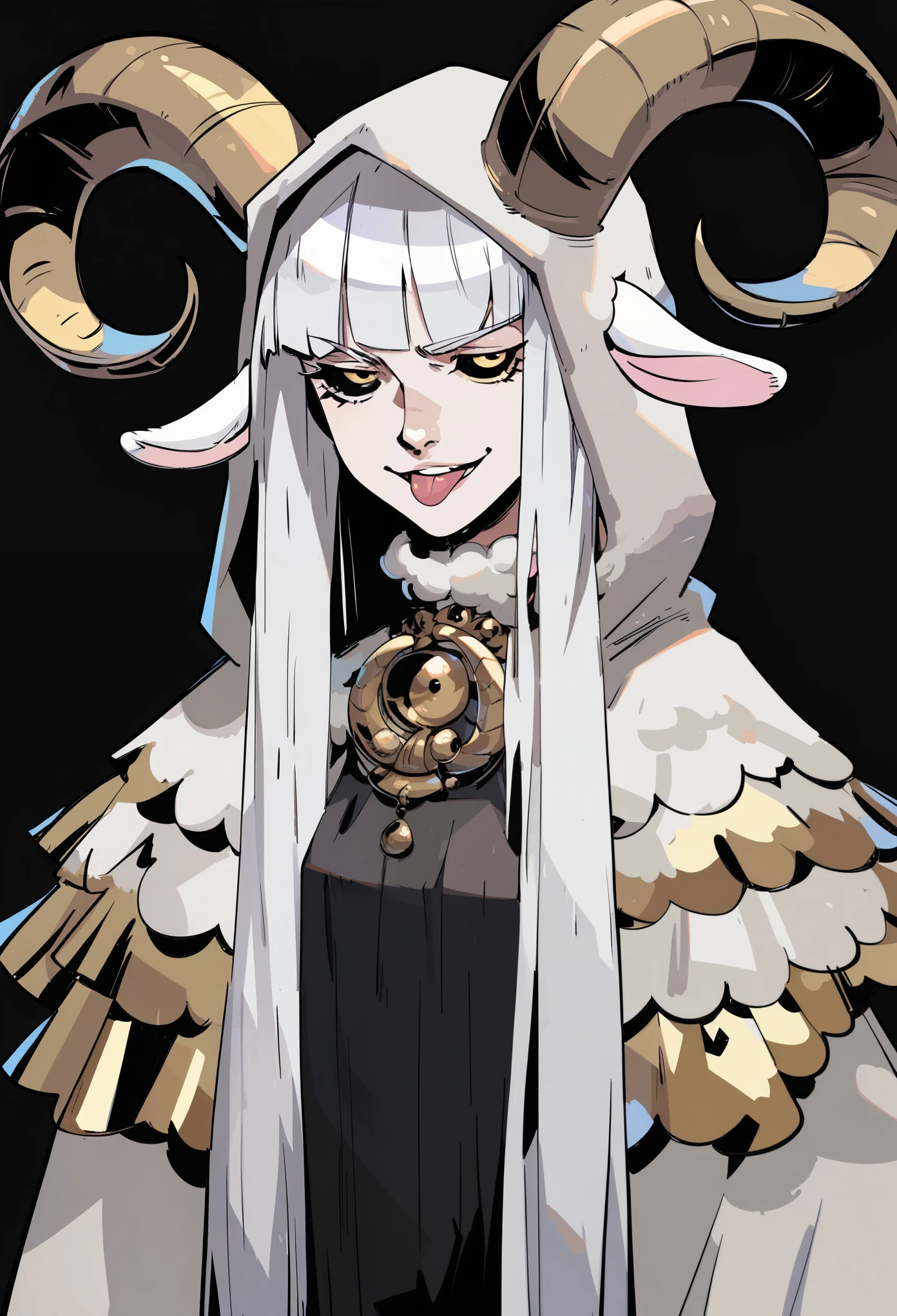 Masterpiece, best quality, score_9, score_8_up, score_7_up, score_6_up, hds style, cel shading, linear hatching, 1girl, solo, curled black horns, white sheep ears, white hair, long hair, hime cut, sheep horns, yellow eyes, (black sclera), evil smile, smug, tongue out, small breasts, standing, white hooded cultist cloak, hood off, old fashioned, black victorian dress beneath, black background, simple background, upper body, best quality