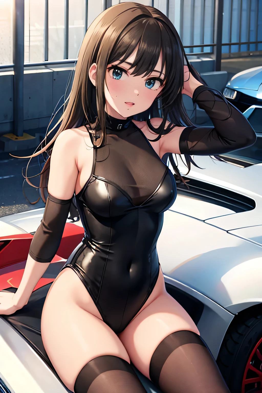 2D anime,highres,sunlight,from top,1girl,cute face,High-cut Thong small leotard,grid girl,
shiny skin,middle breasts,(nose blush,closeg mouth),thin thigs,
sitting on car hood,sexy pose,
motor show stage,motorsport,sports car,
outdoors,parking,car background,sweat,looking at viewer,
embarrassed,