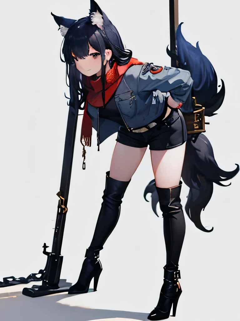 A young woman with dark blue hair, wearing a grey jacket, black shorts, and thigh-high stockings, stands confidently with a mischievous grin. Her outfit is adorned with various accessories, including a red scarf, a chain belt, and a pair of intricately designed boots. She holds a weapon in her hand, suggesting a sense of power and readiness.  
    
            posture:Leaning forward,prison,Head yoke,Guillotine Restraint,BDSM,whole body,Beastman,Wolf,Shota,hoodie,cargo pants,Knee-high boots,Stiletto heels,solo 