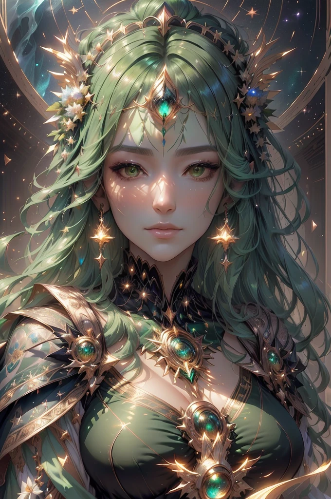 a woman with green hair and a tia on her head, portrait of a celestial of nature, artgerm detailed, extremely detailed artgerm, artgerm and wlop, beautiful and elegant celestial of nature, a stunning portrait of a celestial, gaston bussiere and artgerm, a beautiful fantasy celestial, ((a beautiful fantasy goddess)), celestial goddess