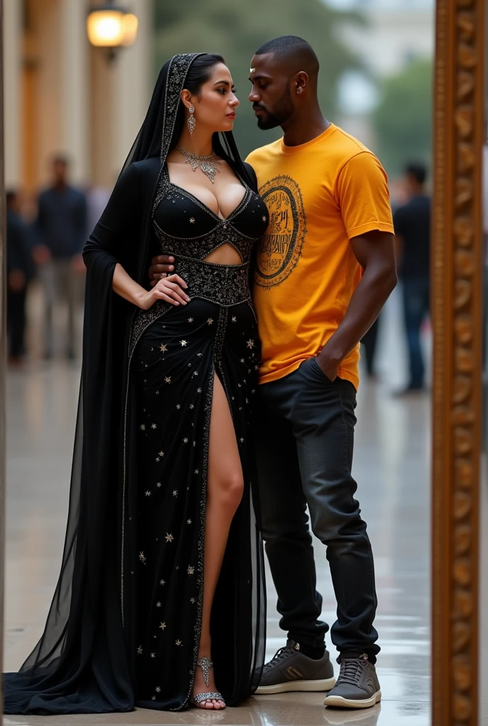 1 Arab-Lebanese woman aged 53, very classy and sexy, in a formal white suit((1 woman 53 years old))she is accompanied by 1 elegant athletic African American man of 53 years old ((Arab woman 53 years old))