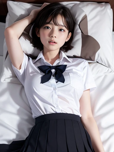 school uniform,((())),No makeup,High resolution,Professional Photos,High resolution,Small breasts,,slim, Lie on your back on the bed, Open your legs and show your underwear, Fearful expression, Tears in my eyes, ((Her skirt is rolled up)), short hair