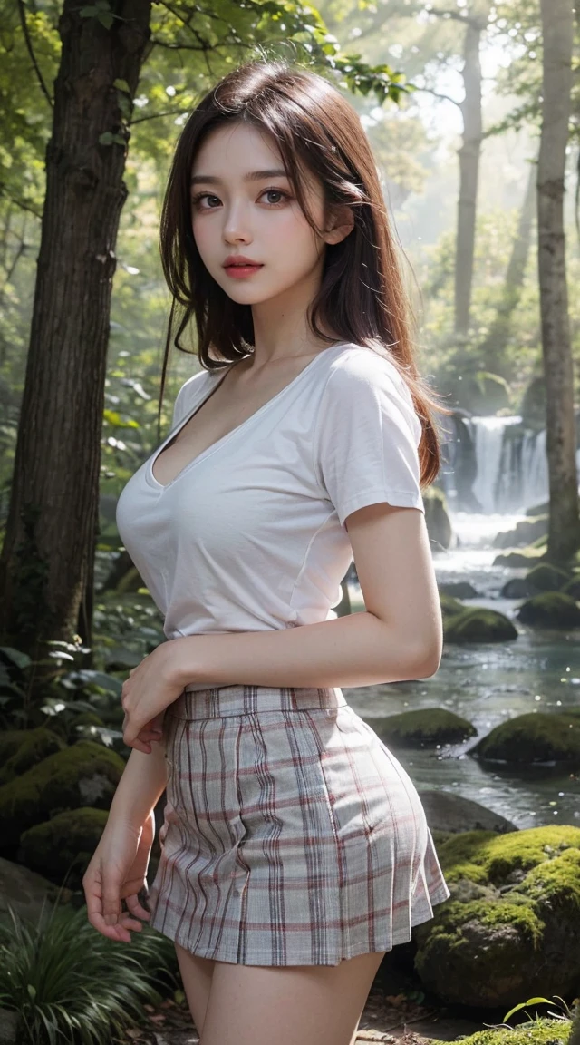 (realistic, photo-realistic:1.37), (Masterpiece), (Highest quality:1.4), (Ultra high resolution:1.2),(raw photos:1.2), (目のrealisticサイズ, My eyes fell., Sleepy face, angle from below, realistic skin, joyful face), masturbation, windy, long thick braid, ((Spread your legs, Show pubic hair)), (ボタンをoutsideした様々A casual, lightweight dress with a simple pattern.), outside, mountain, (((Focus on pubic hair, Between the legs))), ((The dark hour of dawn)), In the forest, (Swelling areola), stream,