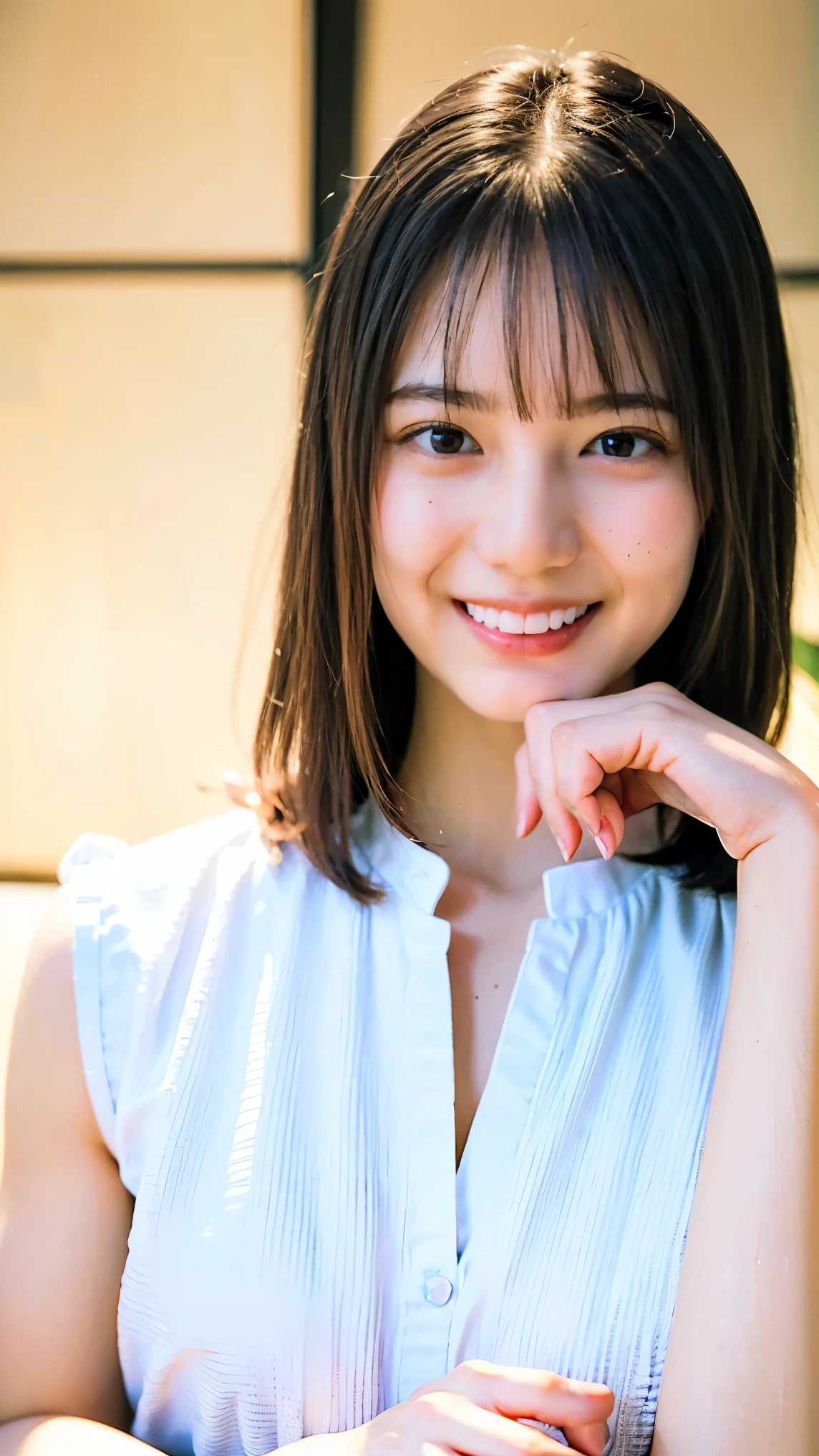 Blouse Clothing:2.55, Everything modern:1.66, Cute Japanese Women Photos, ((smile:1.78)), 20-year-old, oil, One Length Hair＆Hair straightening balm:1.55, (photo Realistic:1.4), (hyper Realistic:1.4), (Realistic:1.3), (Smoother lighting:1.05), (Improving the quality of cinema lighting:0.9), 32K, 1 person,20-year-oldの, Realistic lighting, Backlight, The light shines on your face, Ray Tracing, (Bright light:1.2), (Improvement of quality:1.4), (Highest quality Realistic textured skin:1.4), fine grain, Detailed face,(smile:0), (Emphasis on face close-up:1.3), (Enhances the beauty of skin texture:1.1),((Extremely precise and accurate anatomy:1.0)), (Enhances the beauty of skin texture:1.1), Clean and glowing skin, mesh, thin:1.2, (Realistic:1.3), Realisticなライティング, (Smoother lighting:1.05), 32K, One Japanese woman, fine grain, Detailed face, (Film Grain:1.1),(Accentuates body lines:1.1), High resolution, Natural look, Kind eyes, Improves hair quality, Delicate light and shadow, Transparent muscles, Graceful pose, Beautiful Eyes, Sharp details, Soft light reflection, Beautiful contours, Delicate skin tone, Fine hair texture,Cute Japanese Women Photos,