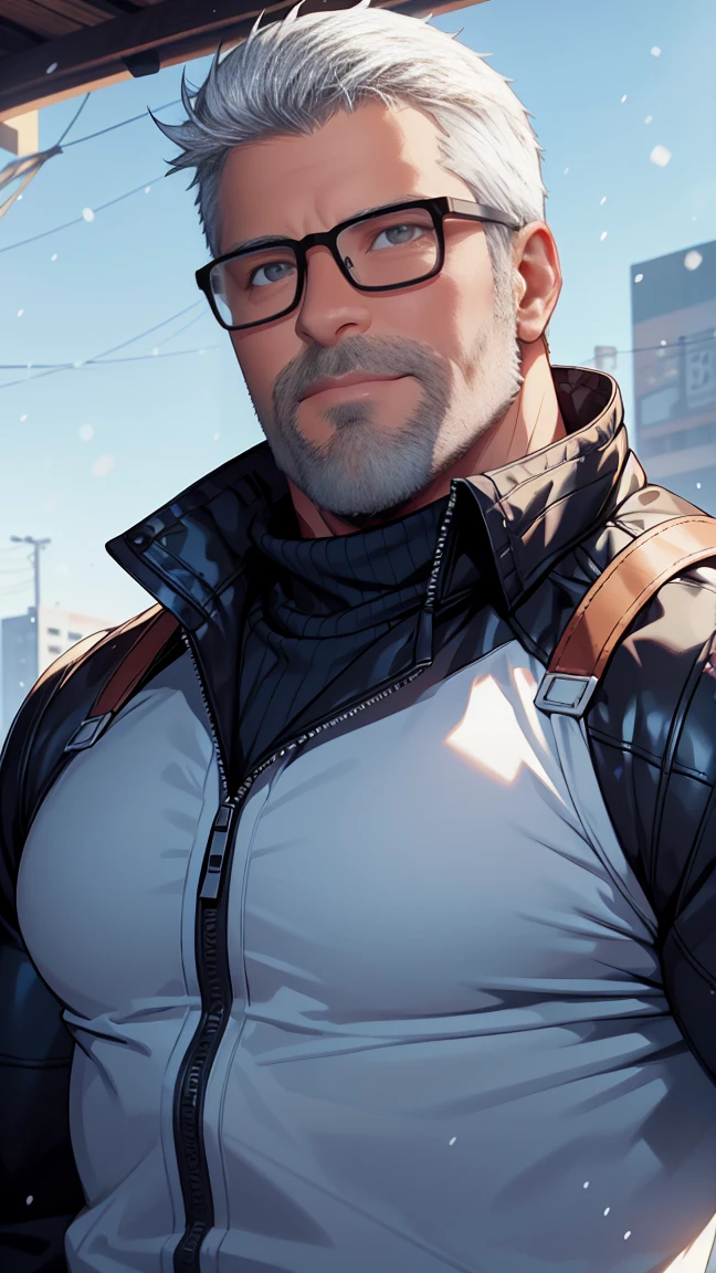 sfw, 1man, middle aged, 61 y.o, handsome, white graying edges, crew cut hairstyle, white beard, white mustache, friendly smile, wearing glasses, shining blue eyes, prominent muscular bodyshape, BODYBUILDER BODYSHAPED, black checkered blouse, snow-themed winter mantle, dark blue training jeans, snowy tokyo (background), evening (sky color), closer distance face against me, realistic style, ultra-realistic, hyperrealistic, hyperdetail, looking viewers, hd, high quality, 8k resolution