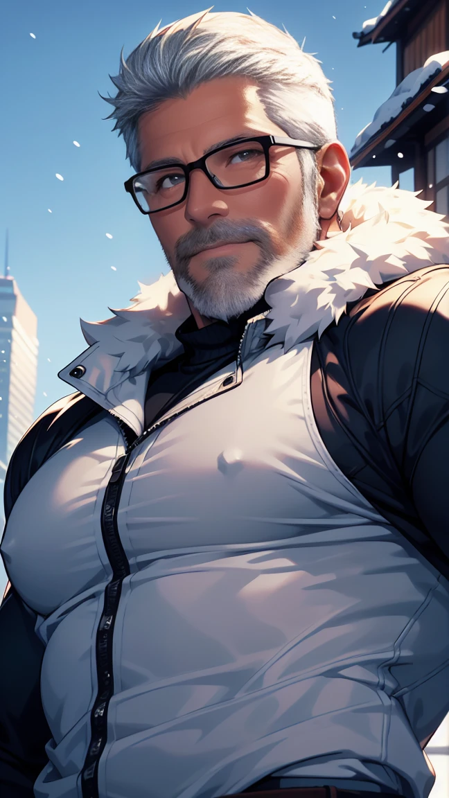 sfw, 1man, middle aged, 61 y.o, handsome, white graying edges, crew cut hairstyle, white beard, white mustache, friendly smile, wearing glasses, shining blue eyes, prominent muscular bodyshape, BODYBUILDER BODYSHAPED, black checkered blouse, snow-themed winter mantle, dark blue training jeans, snowy tokyo (background), evening (sky color), closer distance face against me, realistic style, ultra-realistic, hyperrealistic, hyperdetail, looking viewers, hd, high quality, 8k resolution