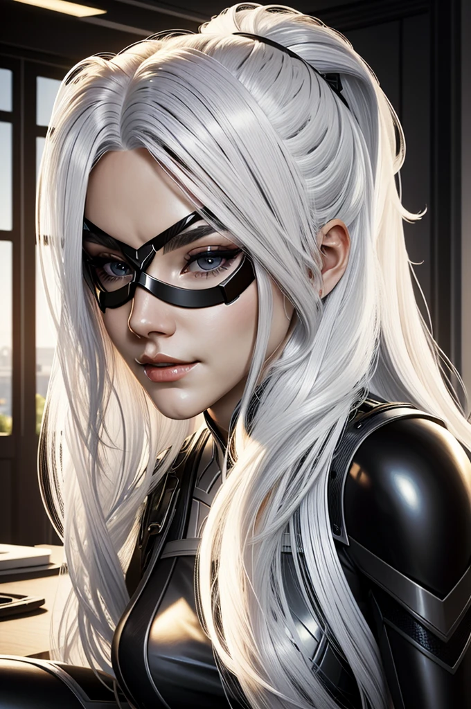 (masterpiece, best quality) MarvelBlackCat, 1girl, solo, long hair, white hair, mask, seductive, sitting at a desk, gaming pc, white lighting, HD, illustration, epic, fantasy, intricate, elegant, amazing detail, digital painting, artstation