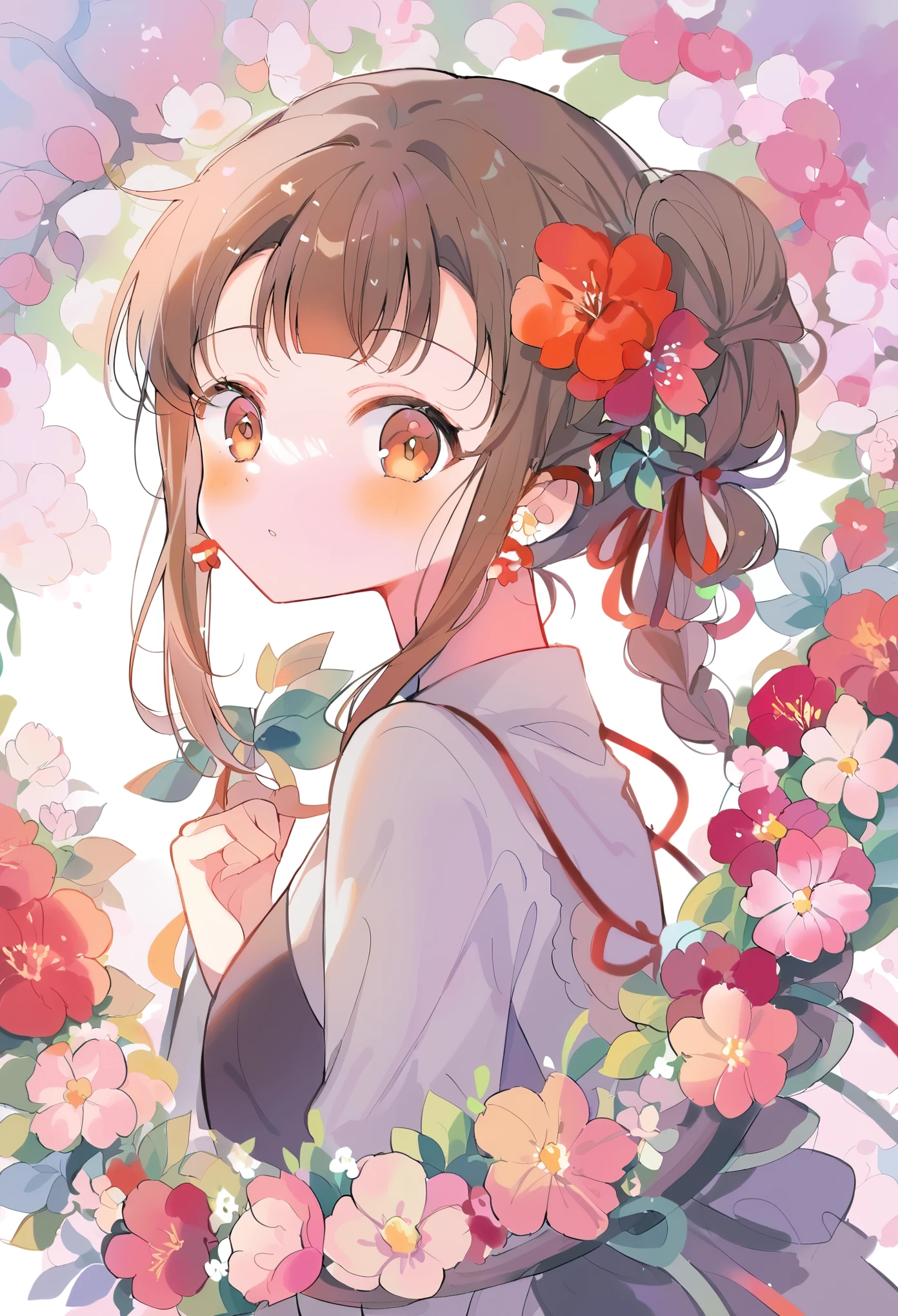 1 Girl,Brown Braided Updo,(Watercolor:1.2),1 girl, solo, , wreath, Bangs,, Red flowers, braided brown hair,, Brown eyes,