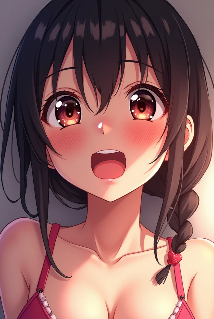 overhead shot,face focus,open mouth,tongue out,cum on tongue,Hands under the chin,finger to mouth,lick,(1girl,Beautiful 14 year old girl),looking at viewer,looking ahead,Black Hair,two side up,Gray Eyes,Drooping eyes,slit pupils,narrow eyes,,See-through black and pink lingerie,Beautiful and detailed anime art,Mischievous smile,Dimly lit room,Simple Background,Gray background,Low lighting