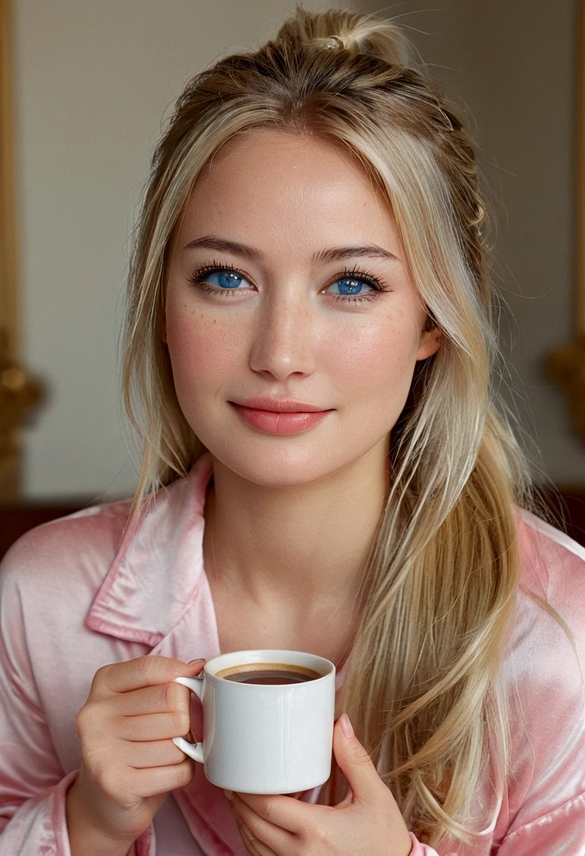 ****ung woman, but it looks like it&#39;s 15. Rich girl style. Russian. Light blonde hair with white highlights, straight with a ponytail and a little disheveled. Blue-gray eyes. fleshy lips. small and firm breasts. Wear bracelets on your wrists.
is wearing pink pajamas, sitting at the table, holding a mug and drinking coffee and smiling. spontaneous photo. 